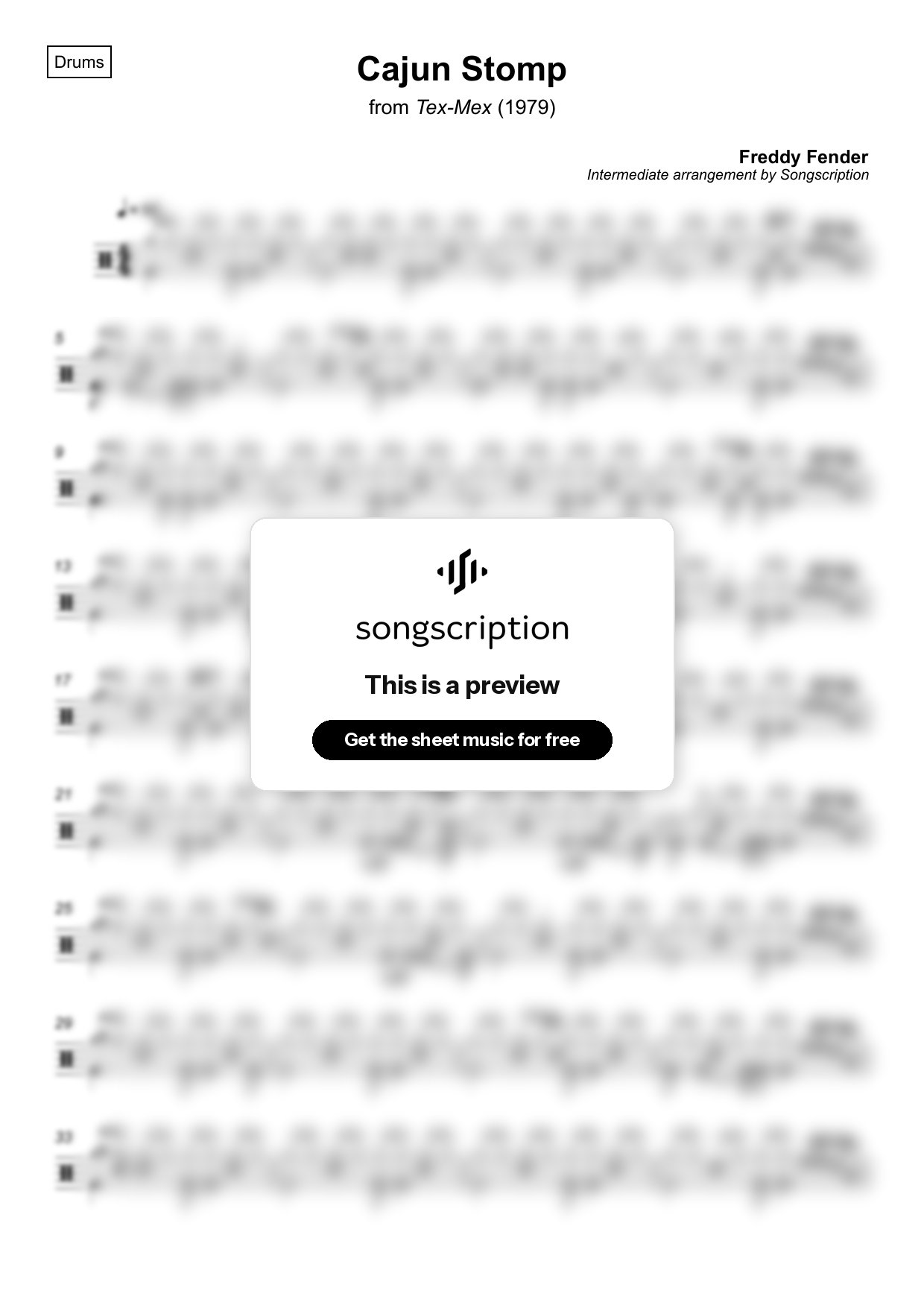 Intermediate Drums Sheet Music for "Cajun Stomp" by Freddy Fender
