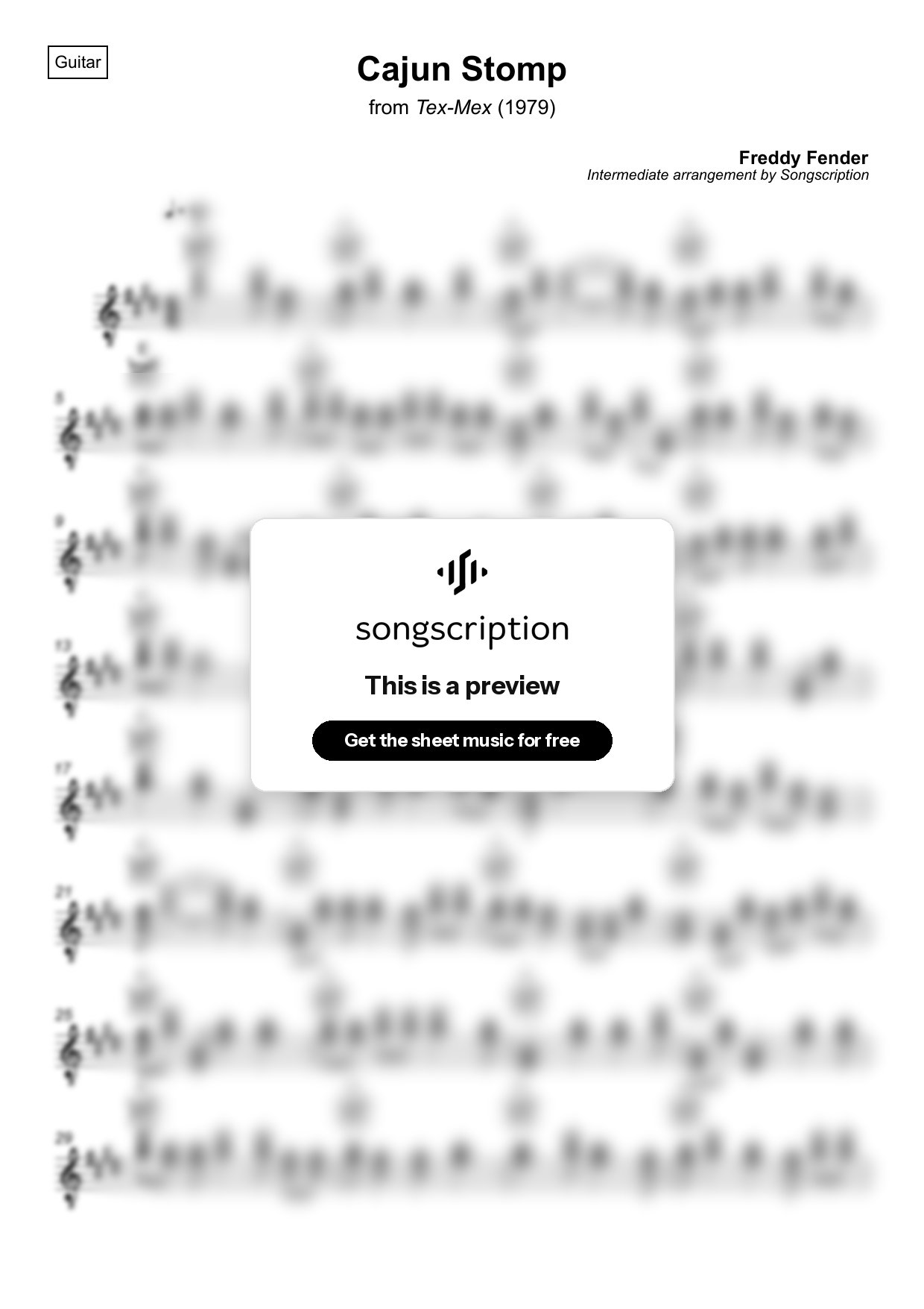 Intermediate Acoustic Guitar Sheet Music for "Cajun Stomp" by Freddy Fender