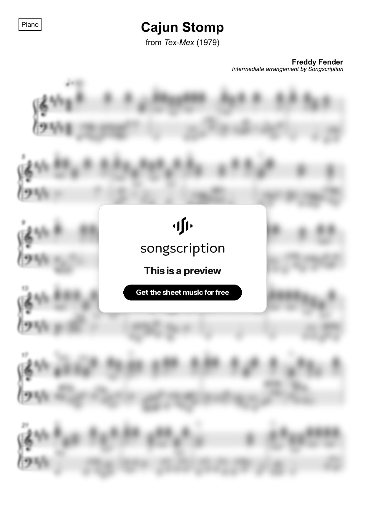 Intermediate Piano Sheet Music for "Cajun Stomp" by Freddy Fender