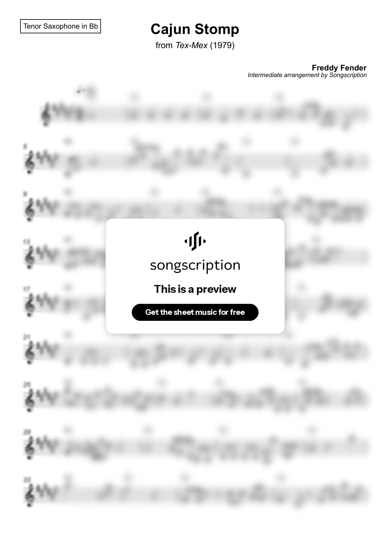 Intermediate Tenor Sax Sheet Music for "Cajun Stomp" by Freddy Fender