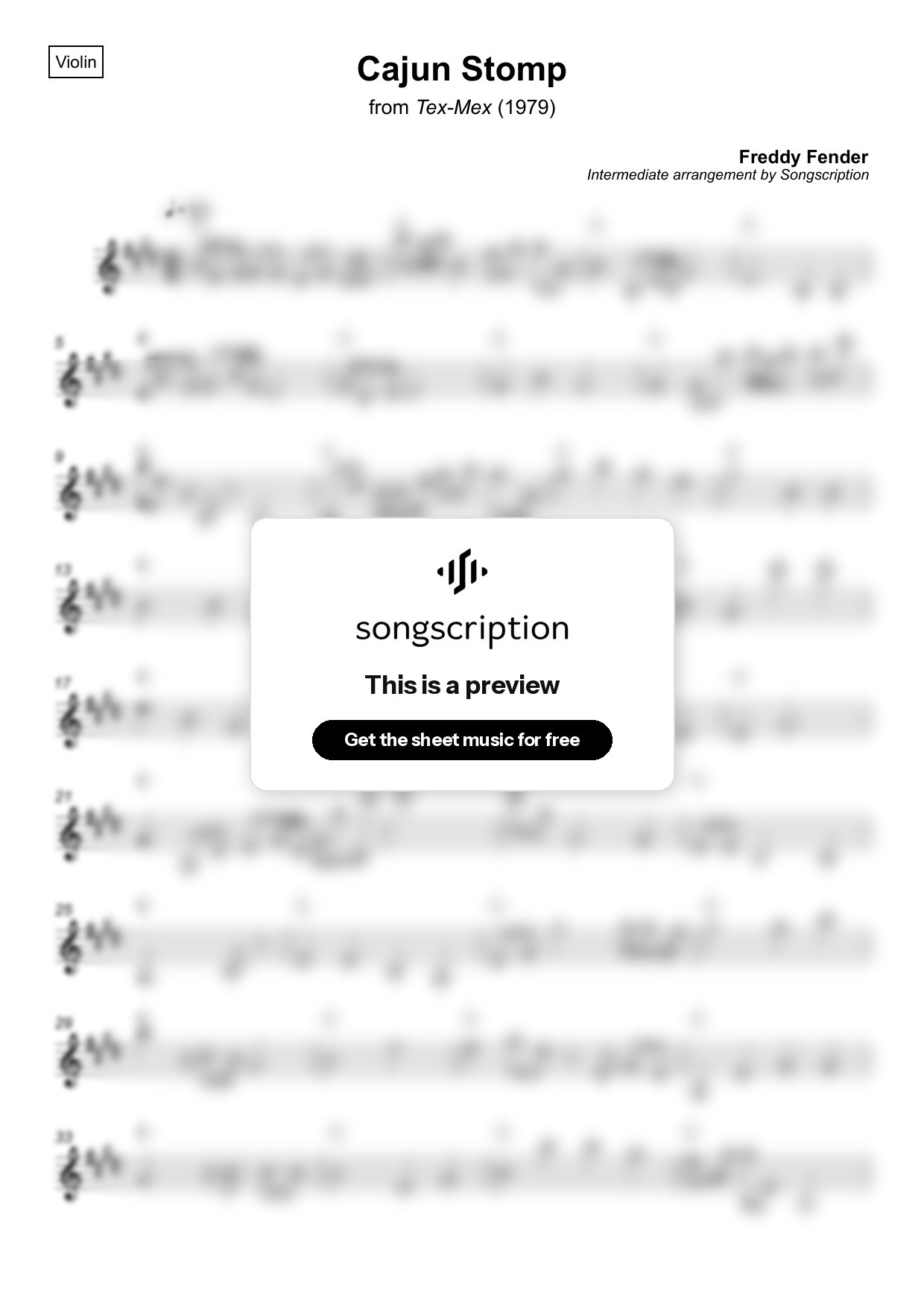 Intermediate Violin Sheet Music for "Cajun Stomp" by Freddy Fender