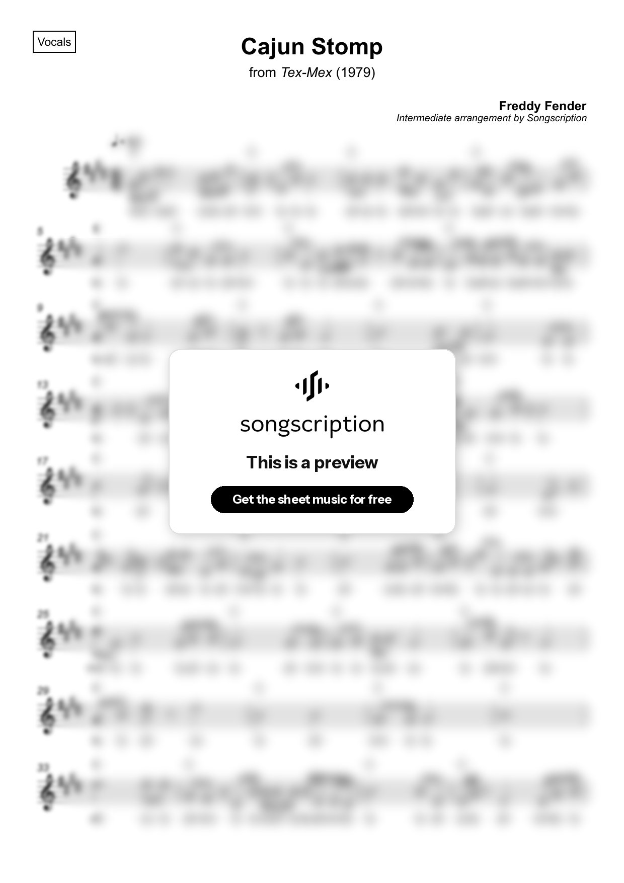 Intermediate Vocals Sheet Music for "Cajun Stomp" by Freddy Fender