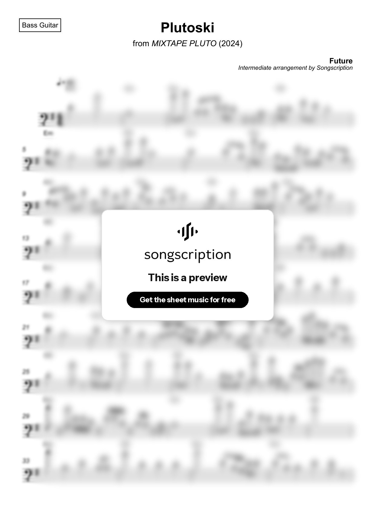 Intermediate Bass Guitar Sheet Music for "Plutoski" by Future