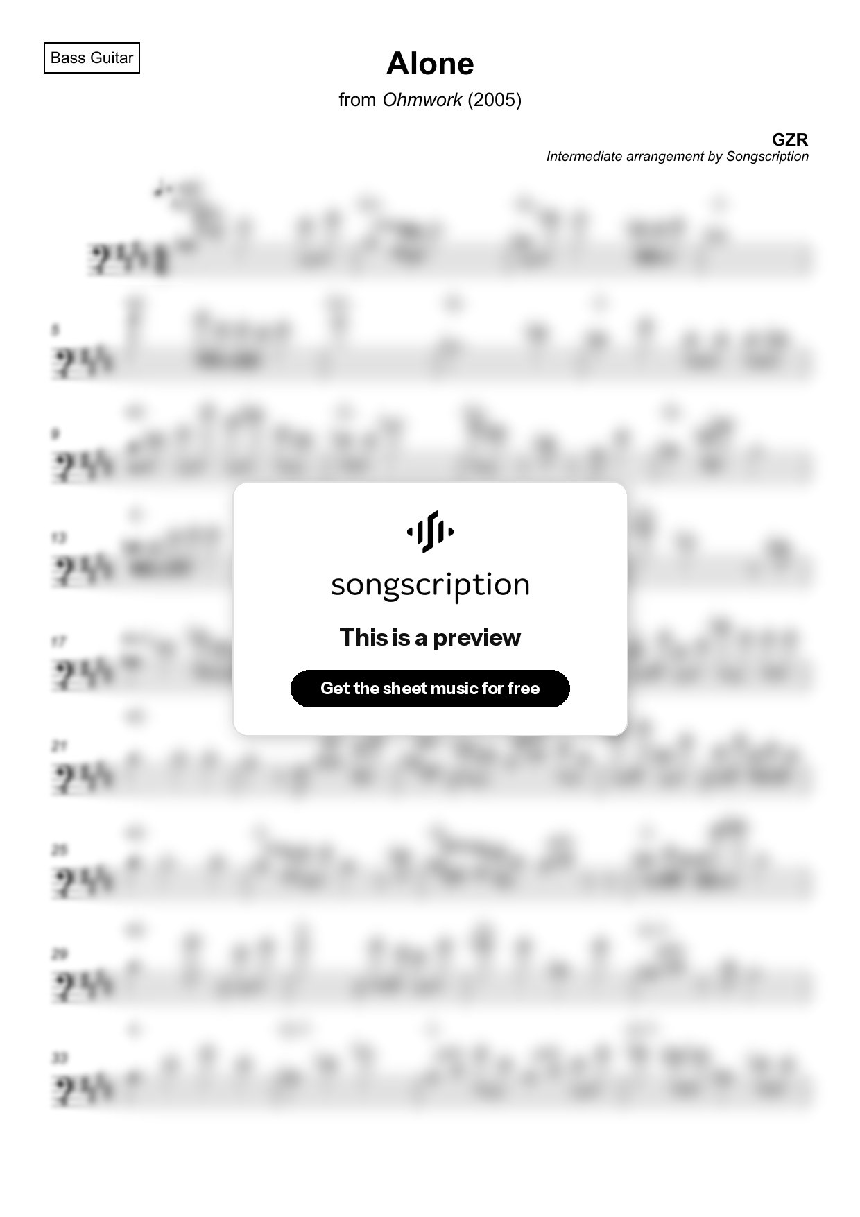 Intermediate Bass Guitar Sheet Music for "Alone" by GZR