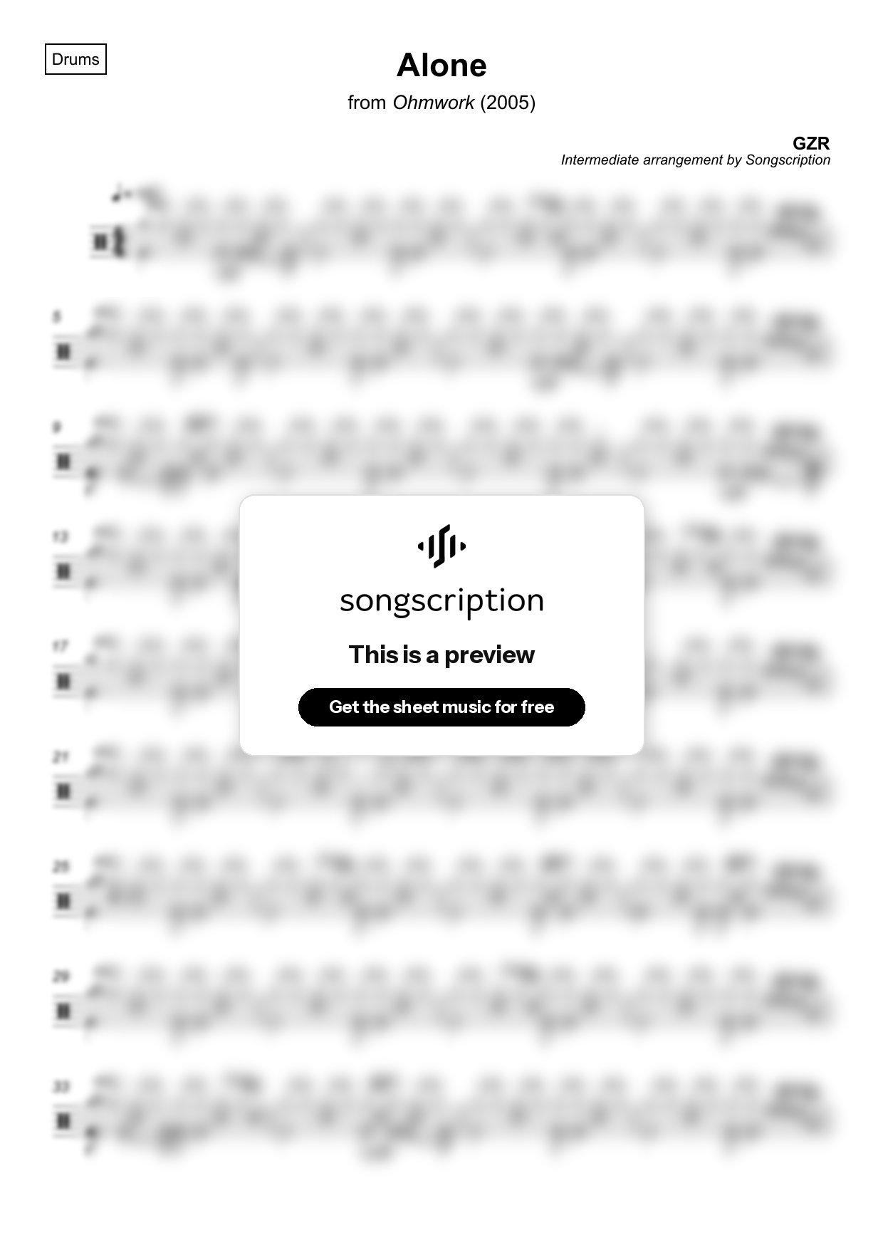 Intermediate Drums Sheet Music for "Alone" by GZR