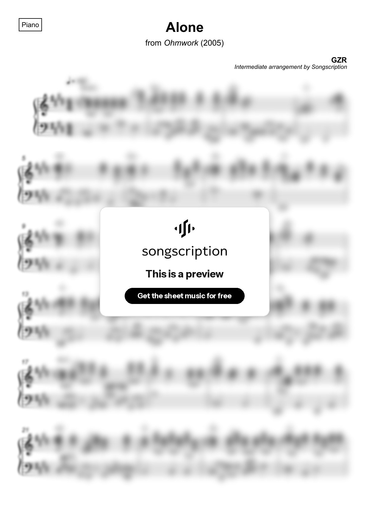 Intermediate Piano Sheet Music for "Alone" by GZR