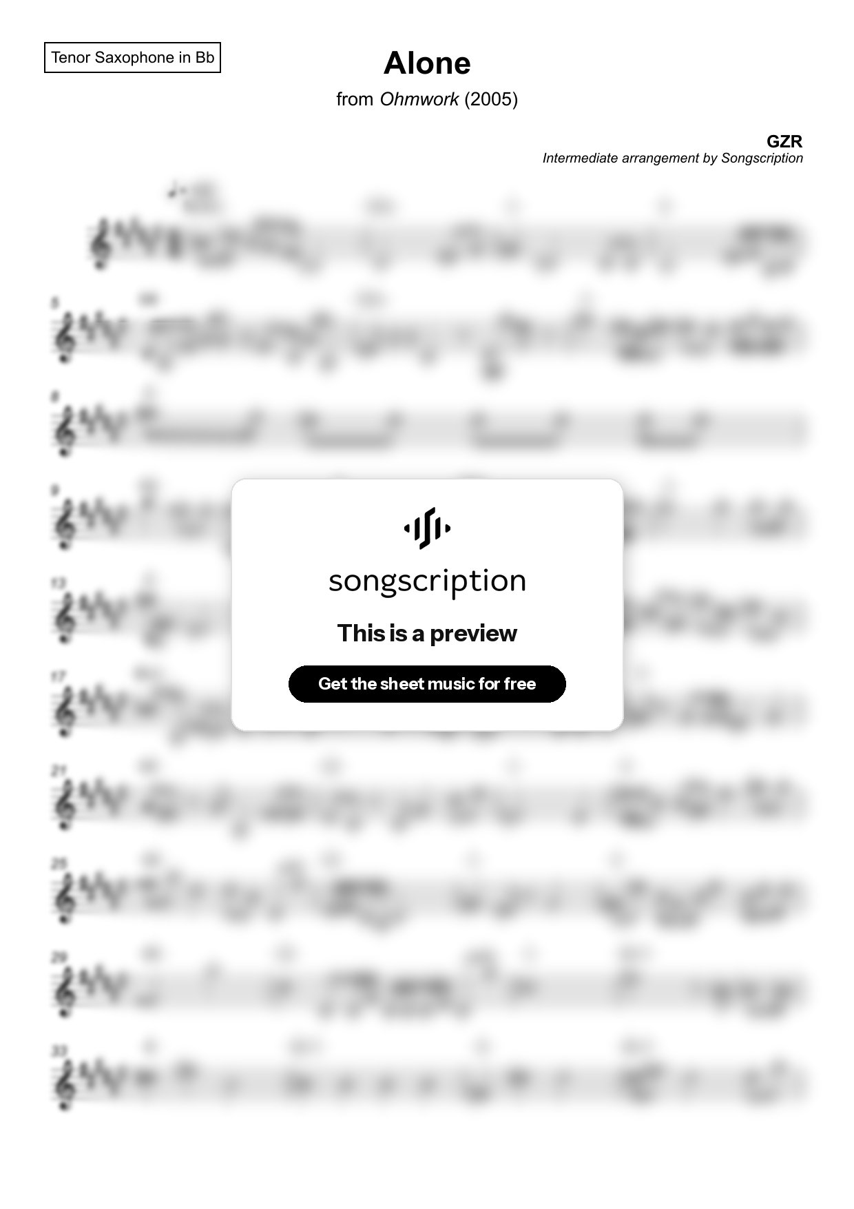 Intermediate Tenor Sax Sheet Music for "Alone" by GZR