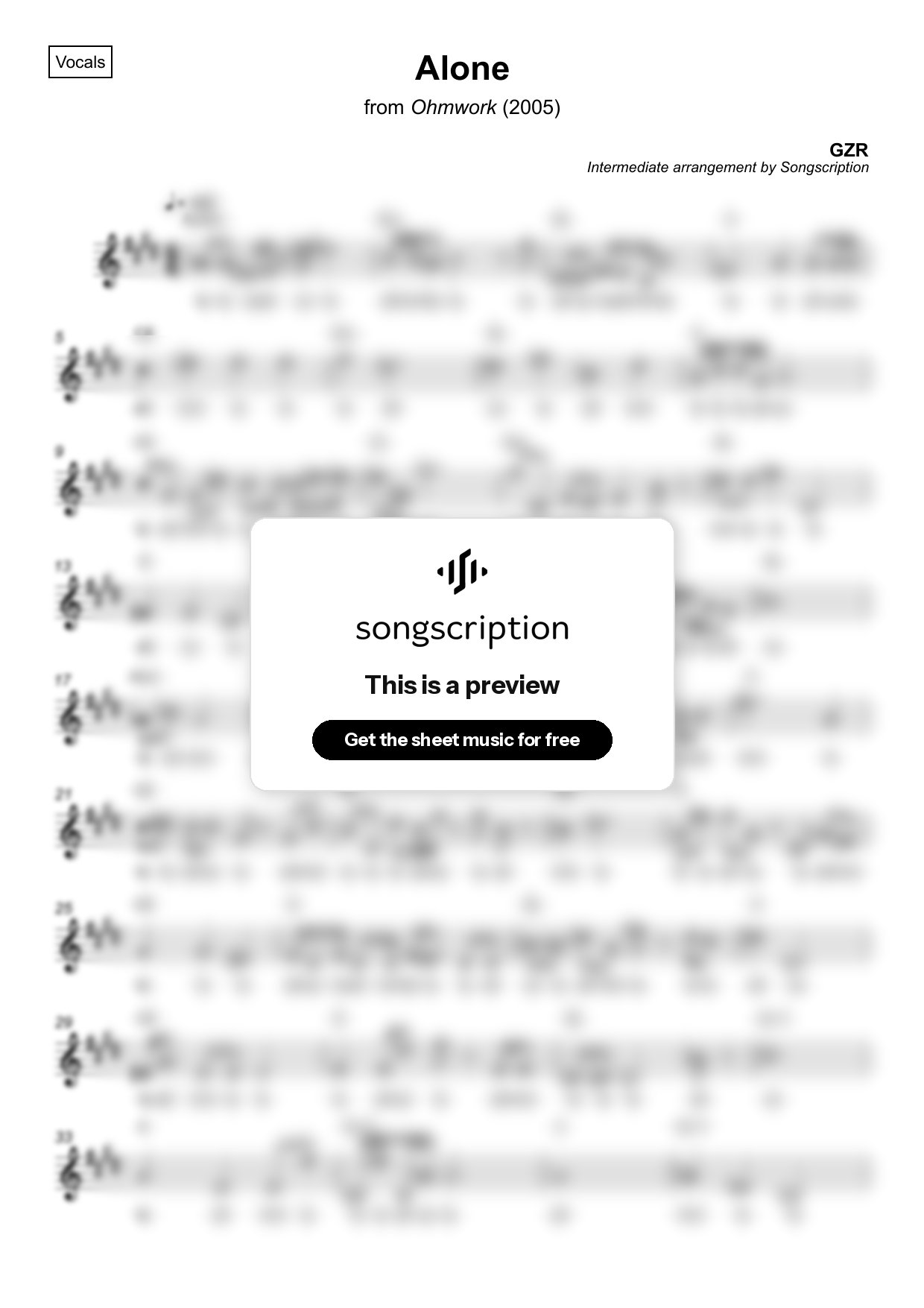 Intermediate Vocals Sheet Music for "Alone" by GZR