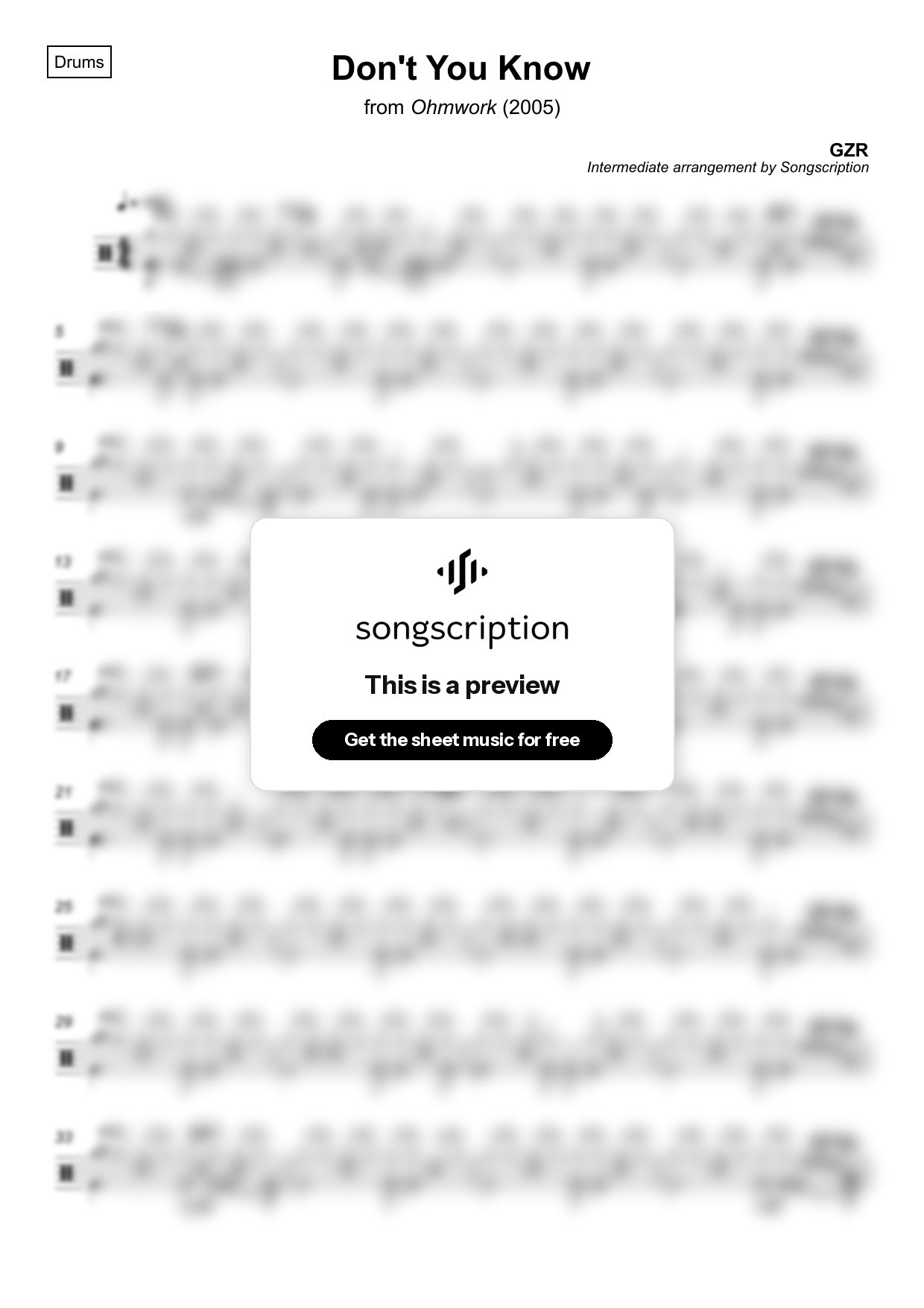 Intermediate Drums Sheet Music for "Don't You Know" by GZR