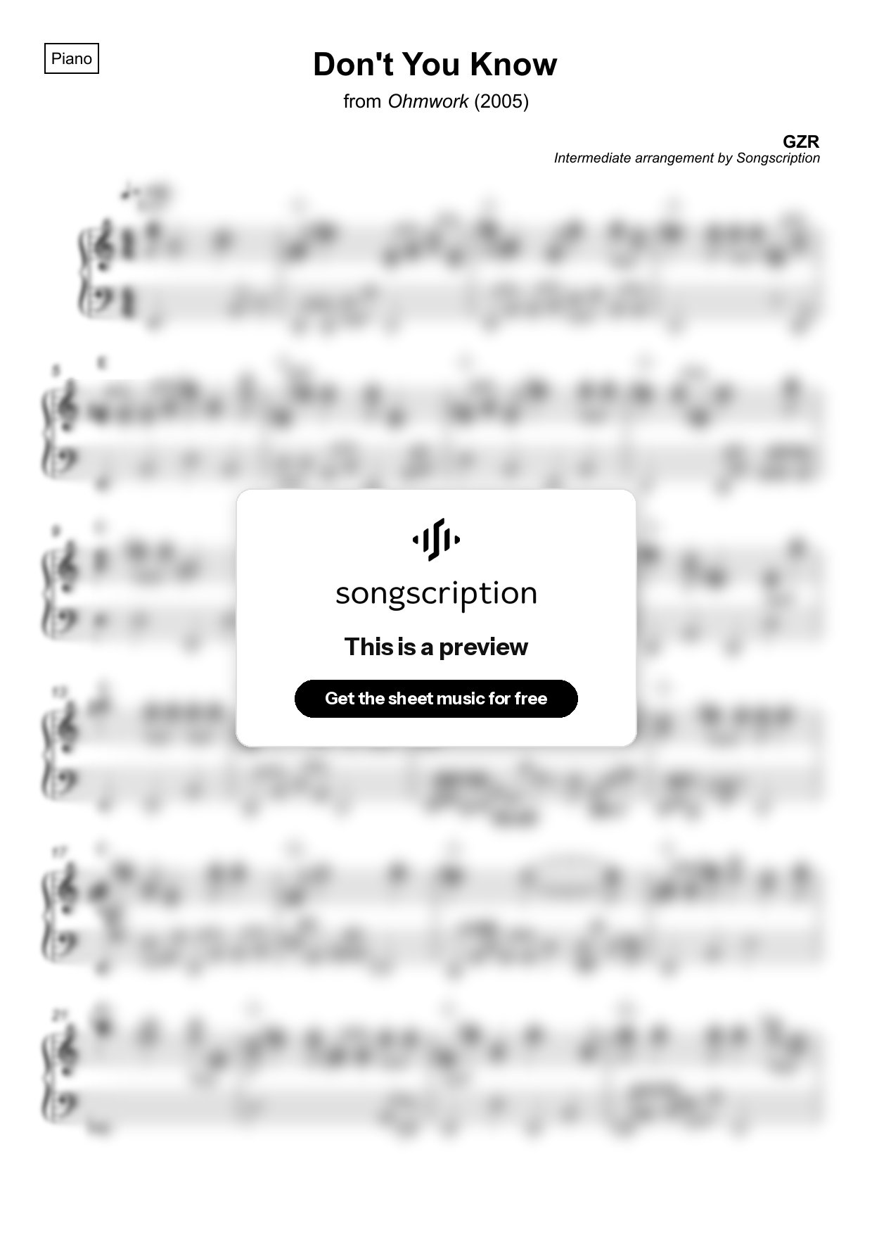 Intermediate Piano Sheet Music for "Don't You Know" by GZR