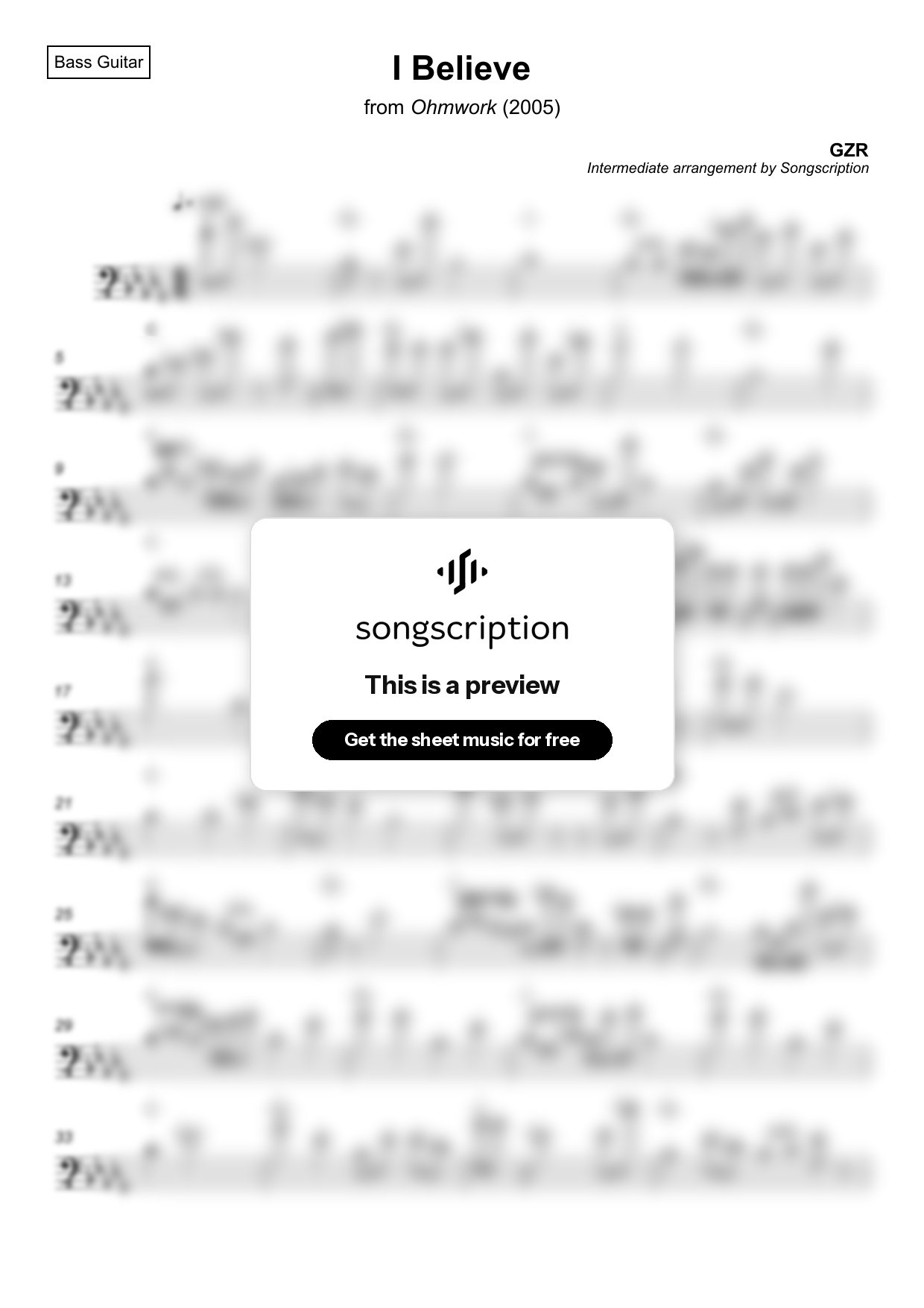 Intermediate Bass Guitar Sheet Music for "I Believe" by GZR