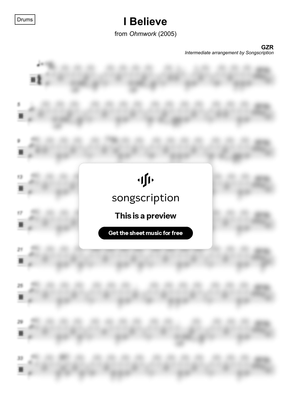 Intermediate Drums Sheet Music for "I Believe" by GZR