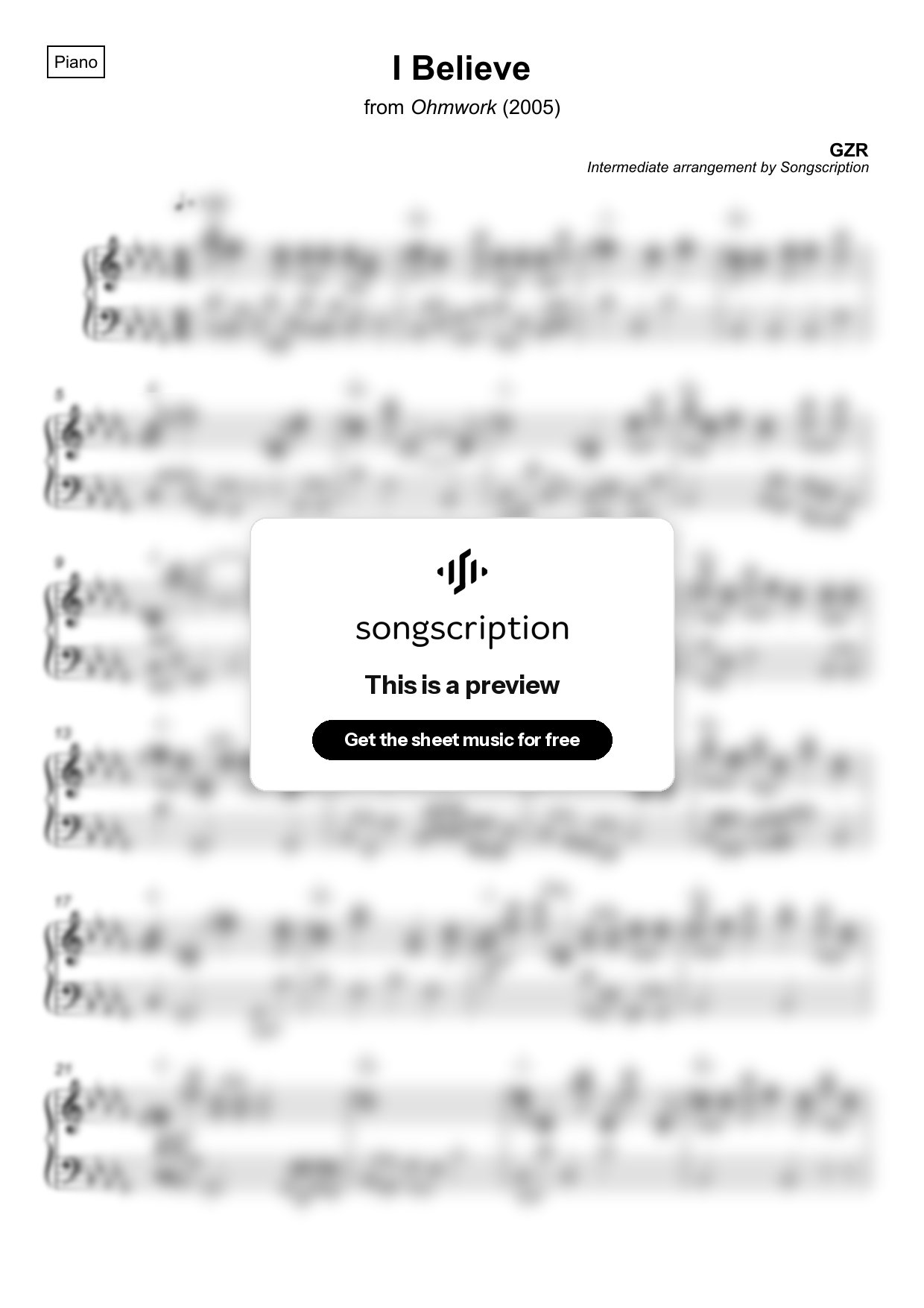 Intermediate Piano Sheet Music for "I Believe" by GZR