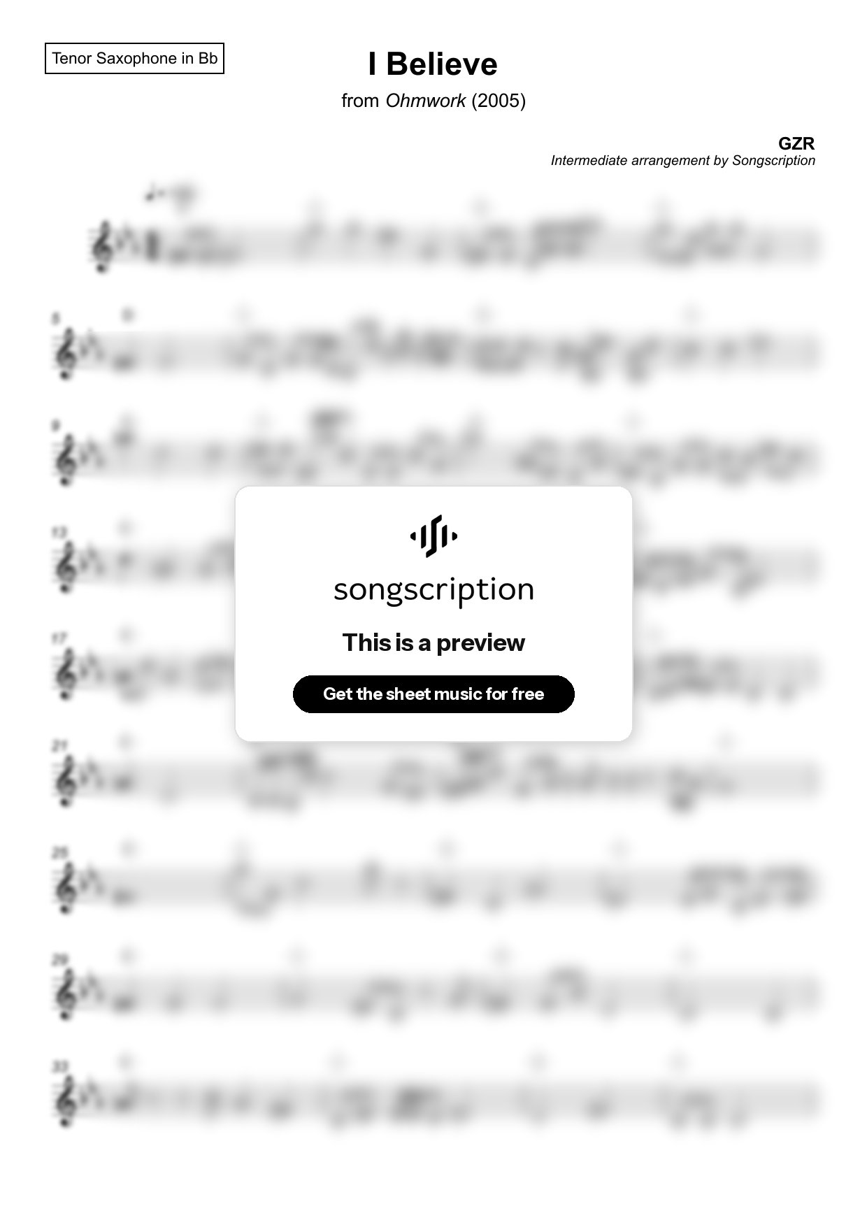 Intermediate Tenor Sax Sheet Music for "I Believe" by GZR