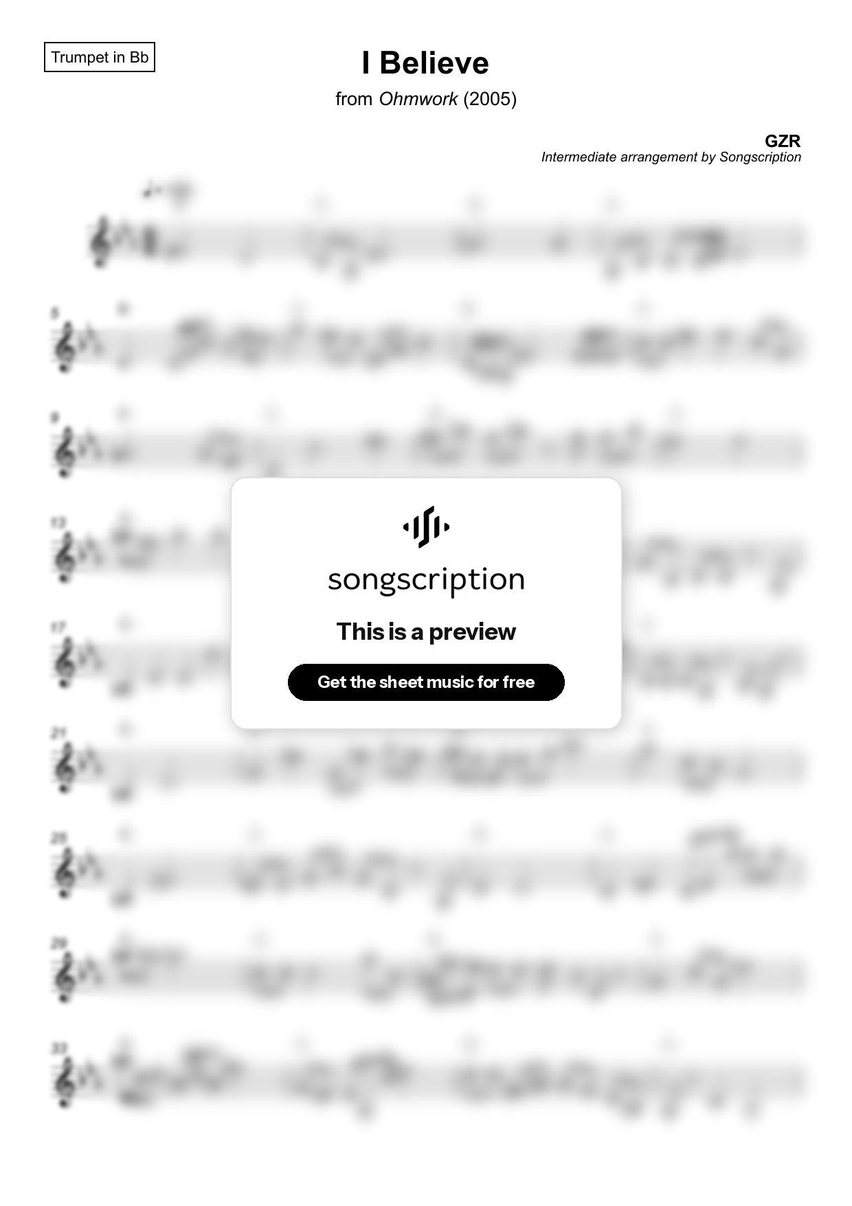 Intermediate Trumpet Sheet Music for "I Believe" by GZR