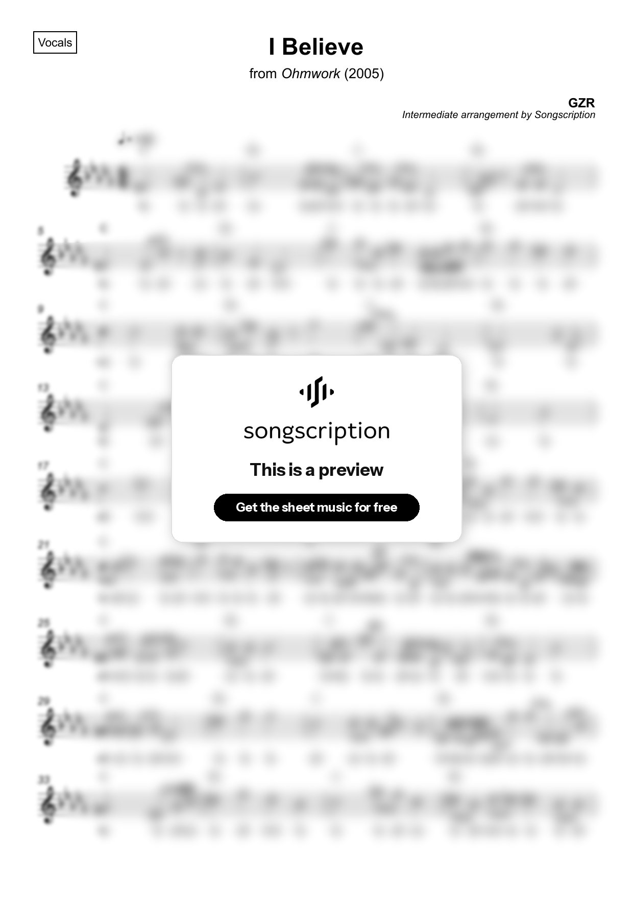 Intermediate Vocals Sheet Music for "I Believe" by GZR