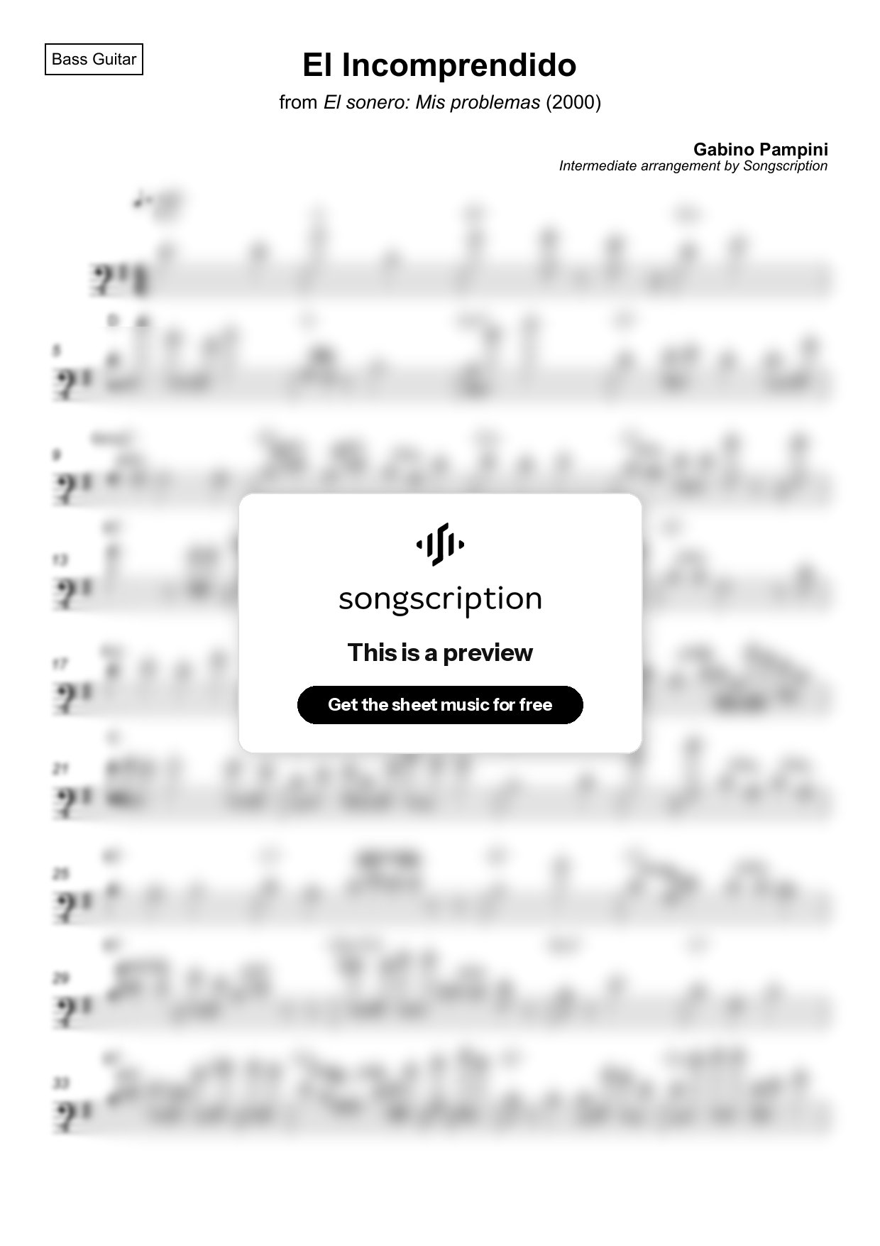 Intermediate Bass Guitar Sheet Music for "El Incomprendido" by Gabino Pampini