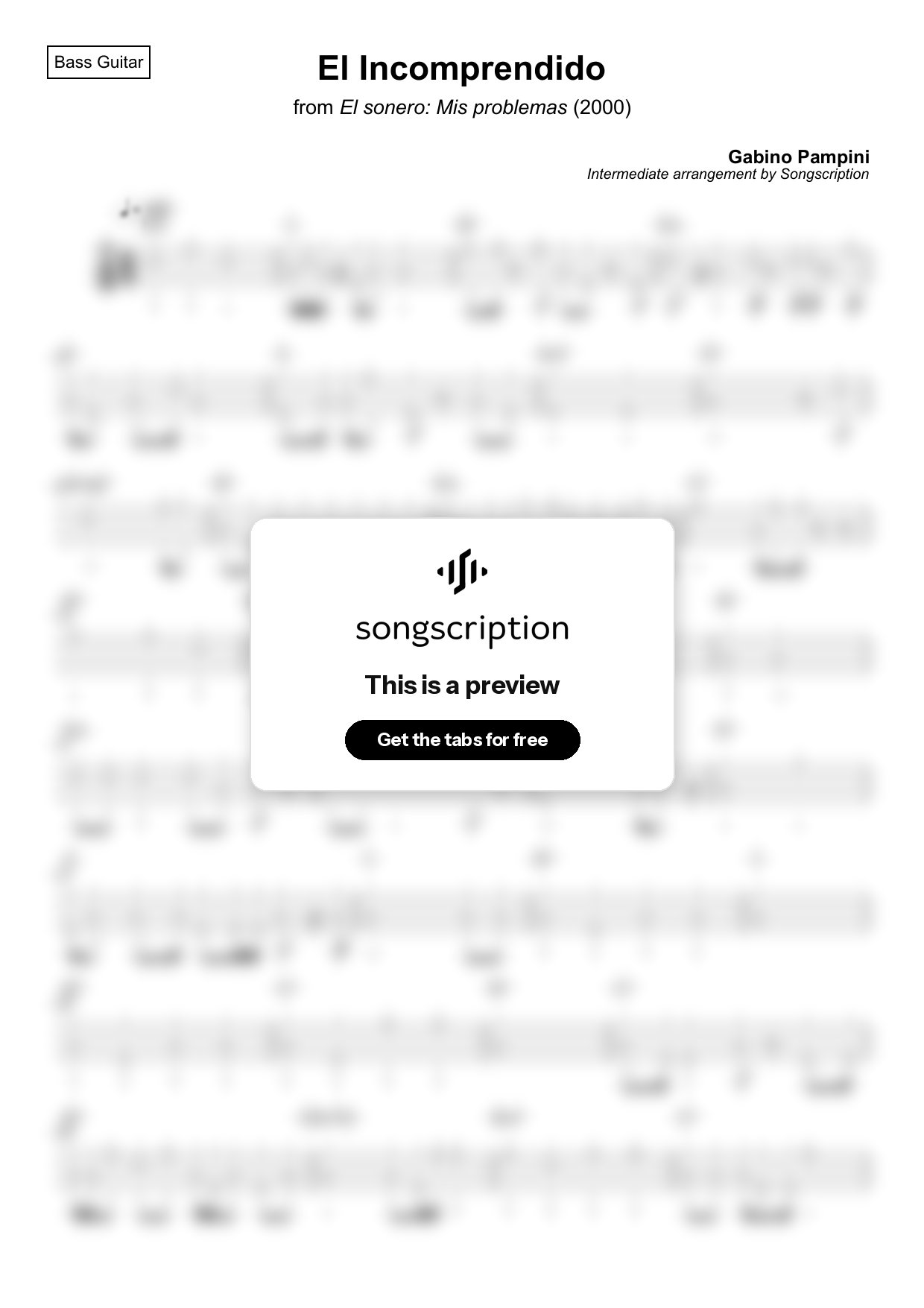 Intermediate Bass Guitar Tabs for "El Incomprendido" by Gabino Pampini