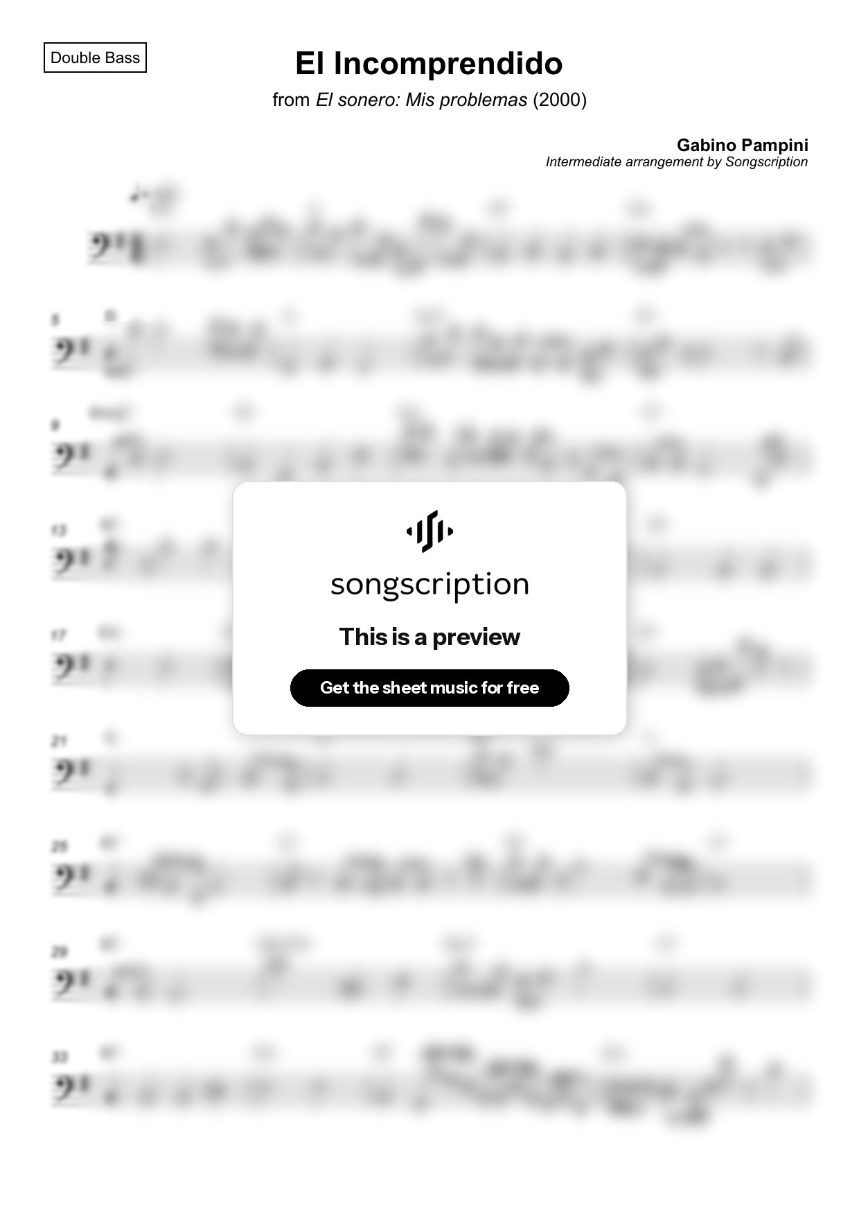 Intermediate Double Bass Sheet Music for "El Incomprendido" by Gabino Pampini