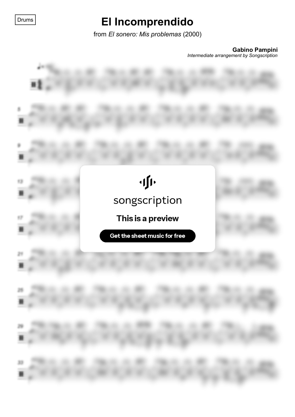 Intermediate Drums Sheet Music for "El Incomprendido" by Gabino Pampini