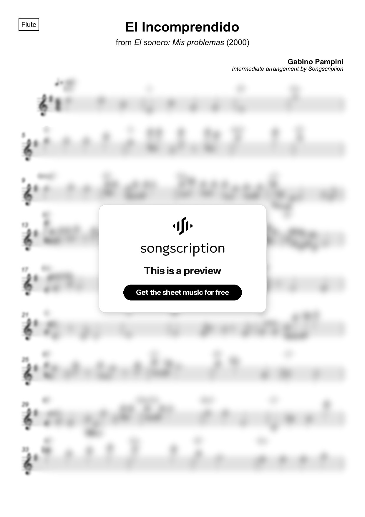 Intermediate Flute Sheet Music for "El Incomprendido" by Gabino Pampini