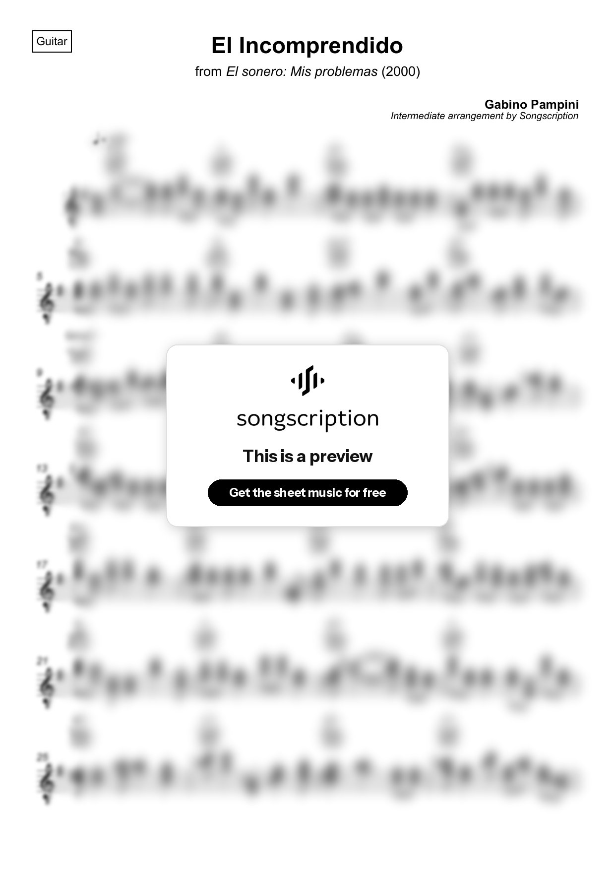 Intermediate Acoustic Guitar Sheet Music for "El Incomprendido" by Gabino Pampini