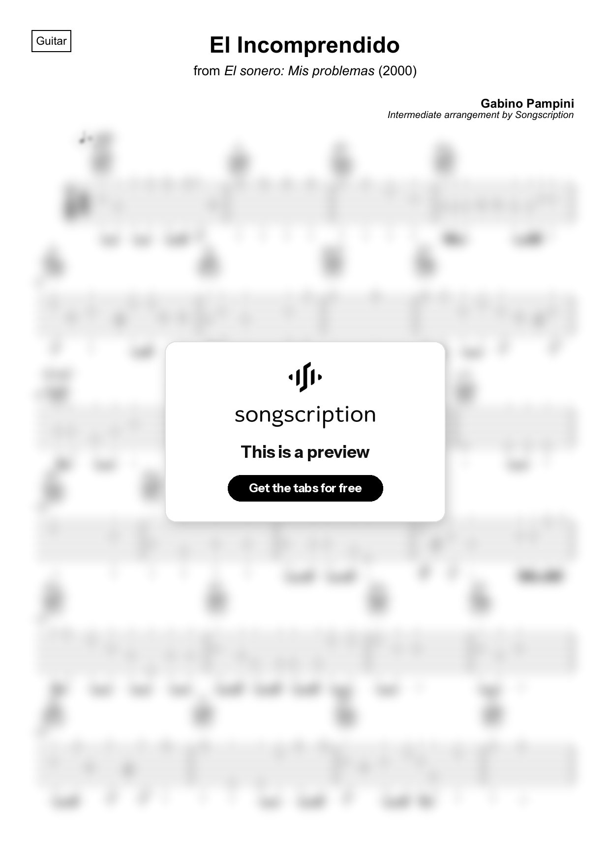 Intermediate Acoustic Guitar Tabs for "El Incomprendido" by Gabino Pampini