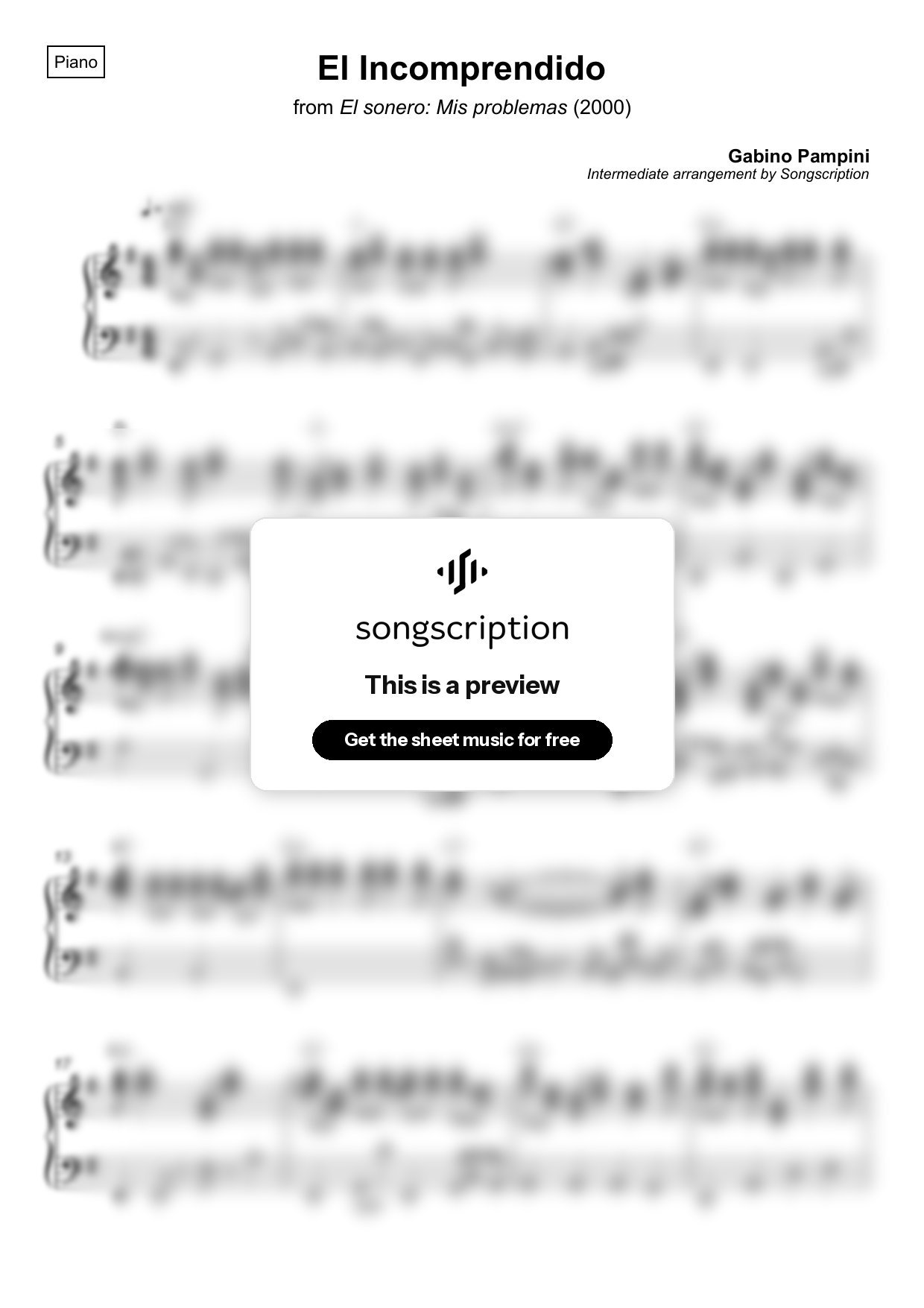 Intermediate Piano Sheet Music for "El Incomprendido" by Gabino Pampini