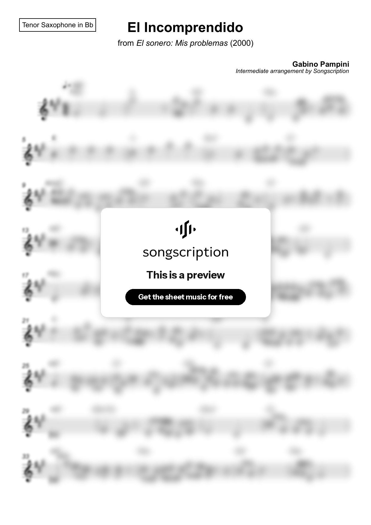 Intermediate Tenor Sax Sheet Music for "El Incomprendido" by Gabino Pampini