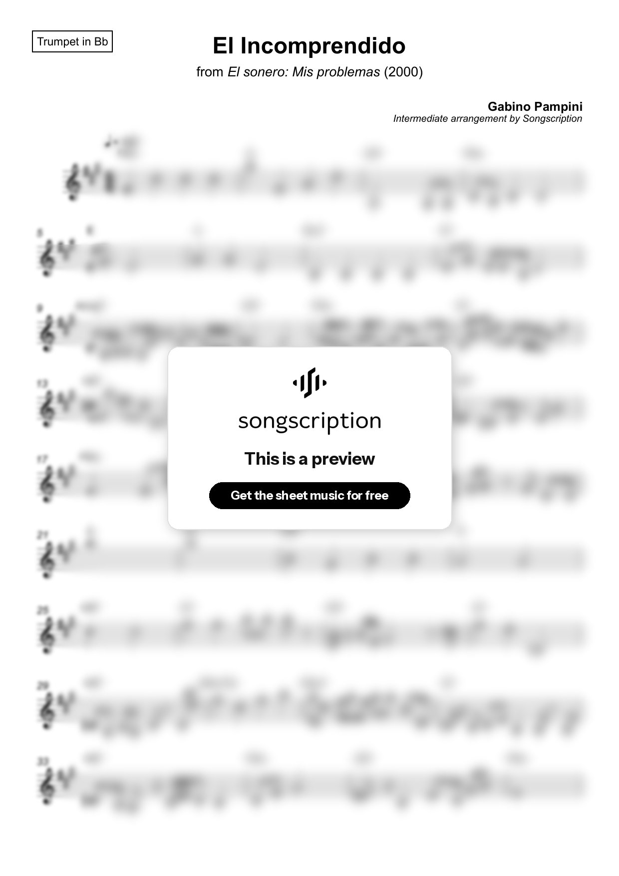 Intermediate Trumpet Sheet Music for "El Incomprendido" by Gabino Pampini
