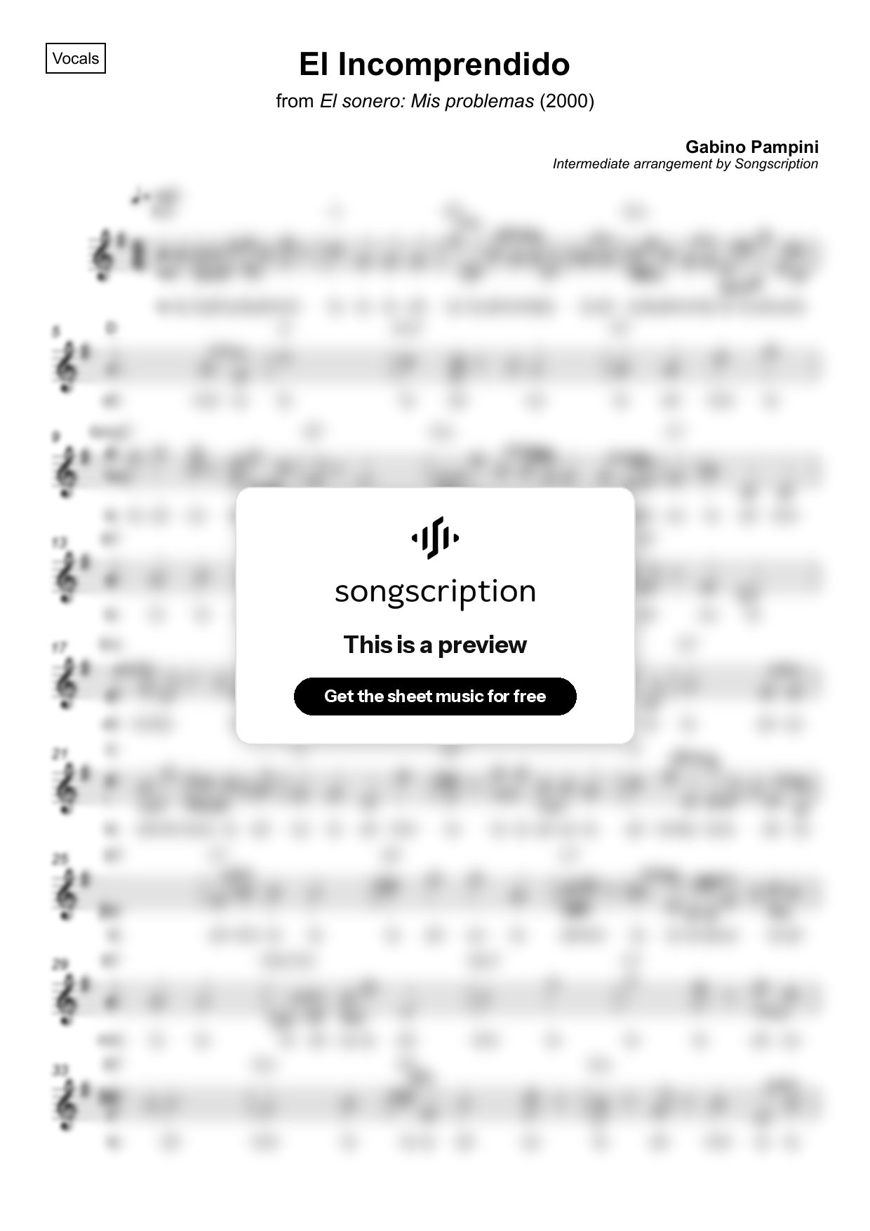 Intermediate Vocals Sheet Music for "El Incomprendido" by Gabino Pampini