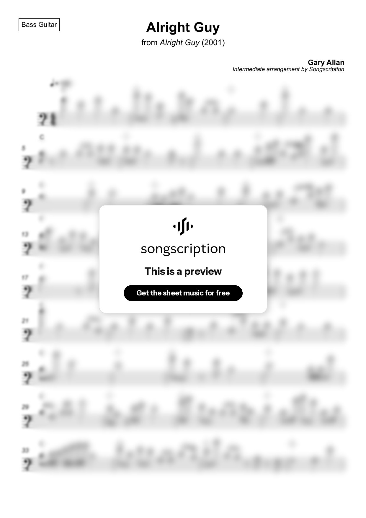 Intermediate Bass Guitar Sheet Music for "Alright Guy" by Gary Allan