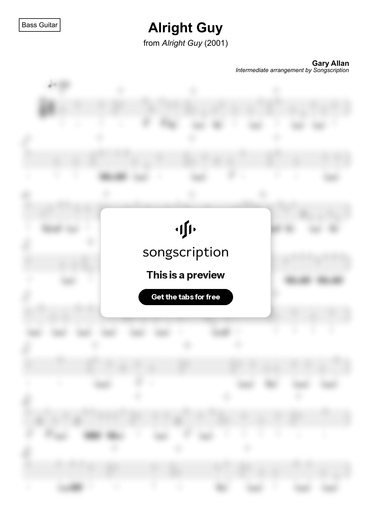 Intermediate Bass Guitar Tabs for "Alright Guy" by Gary Allan