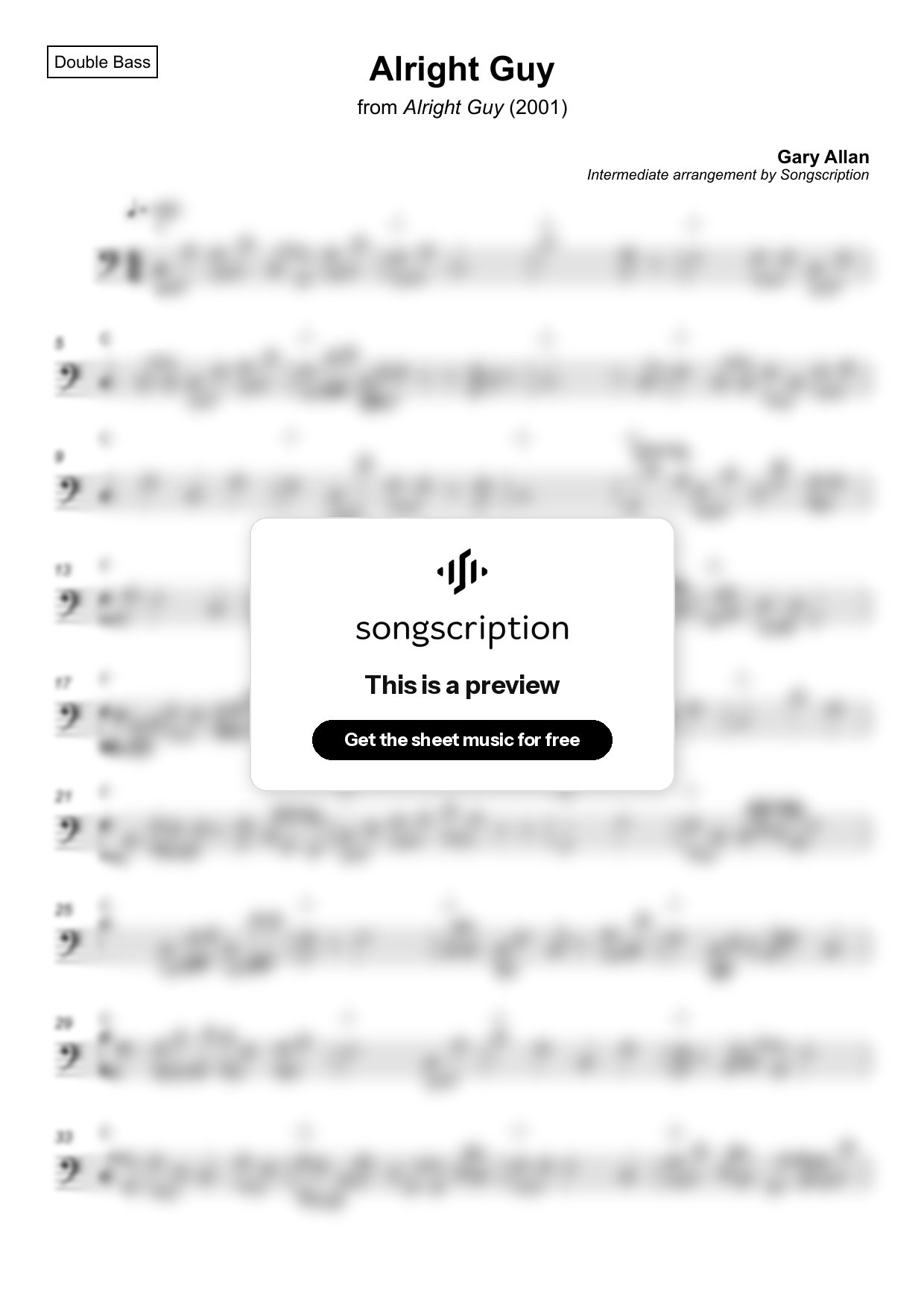 Intermediate Double Bass Sheet Music for "Alright Guy" by Gary Allan