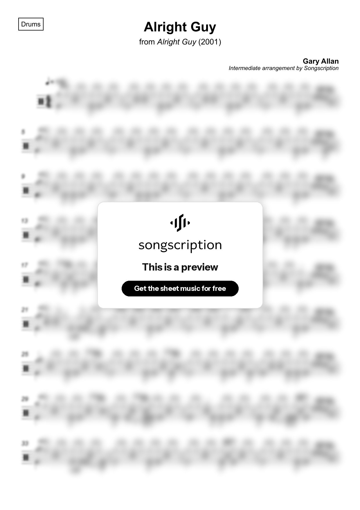 Intermediate Drums Sheet Music for "Alright Guy" by Gary Allan