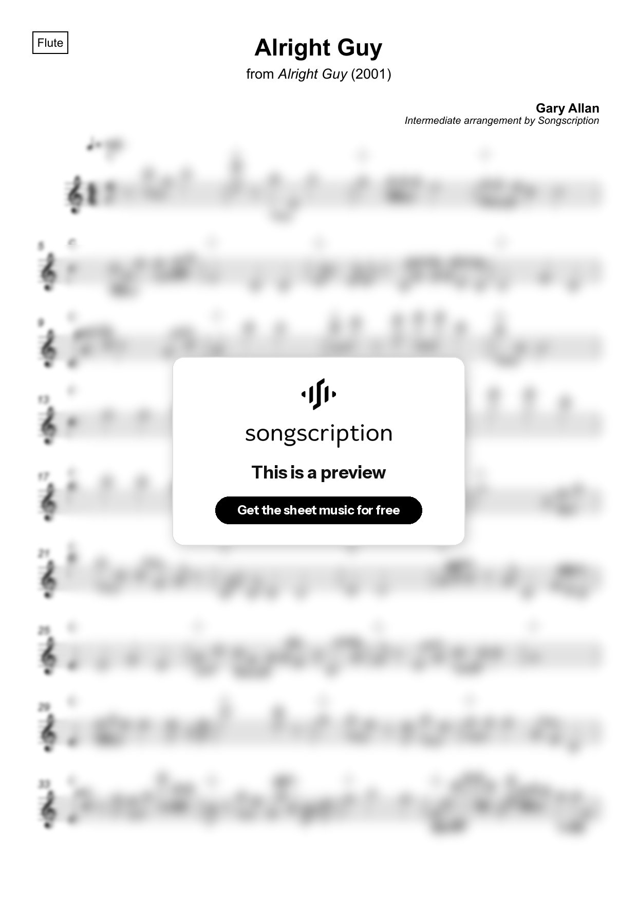 Intermediate Flute Sheet Music for "Alright Guy" by Gary Allan