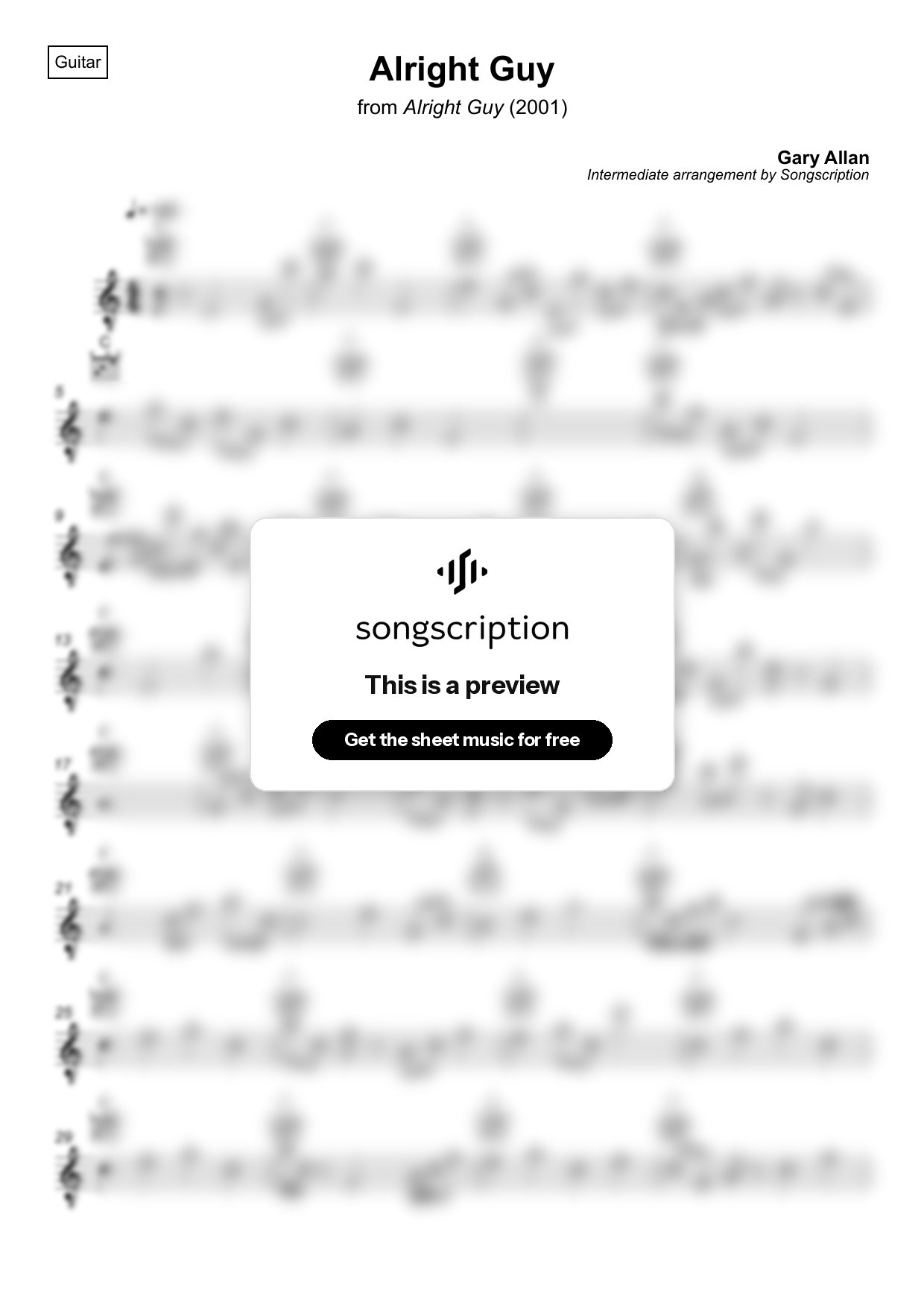 Intermediate Acoustic Guitar Sheet Music for "Alright Guy" by Gary Allan