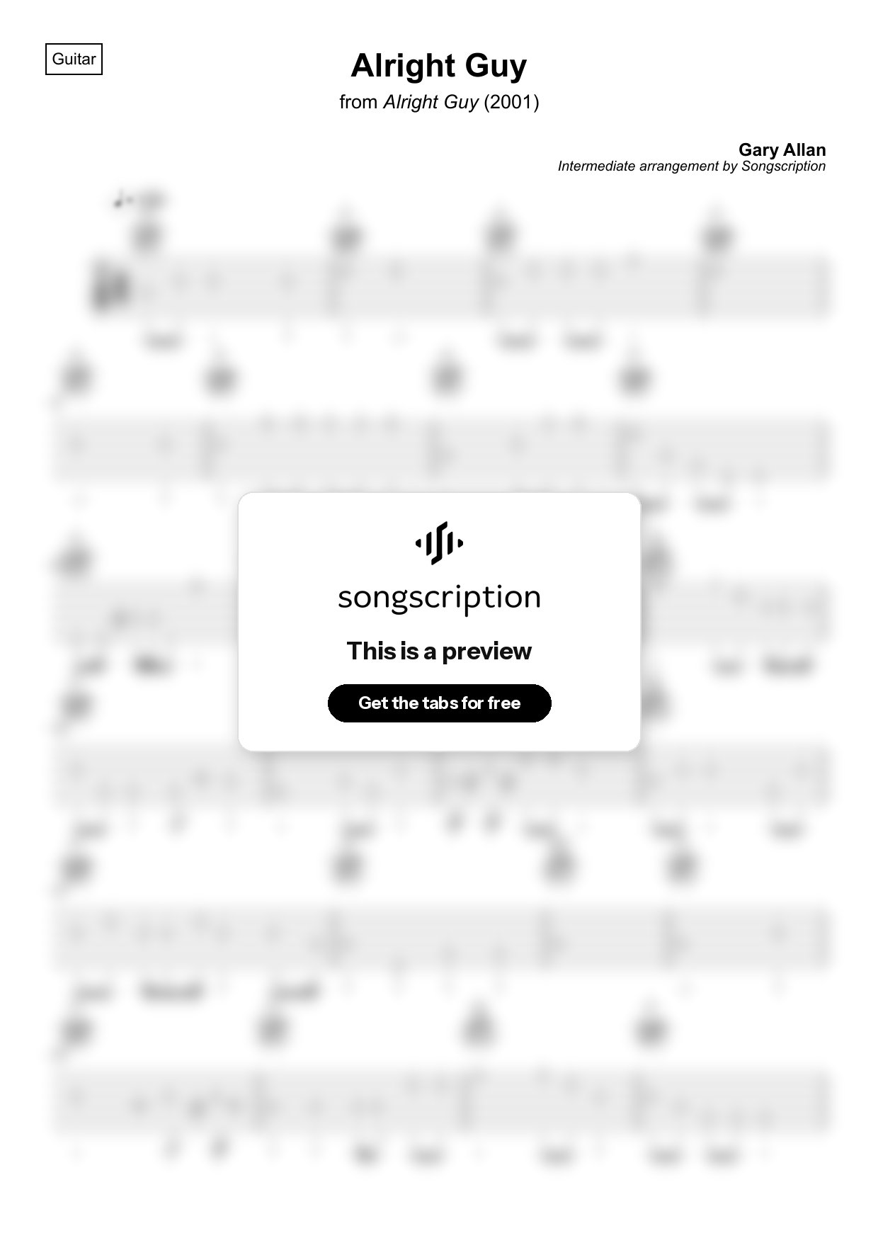 Intermediate Acoustic Guitar Tabs for "Alright Guy" by Gary Allan