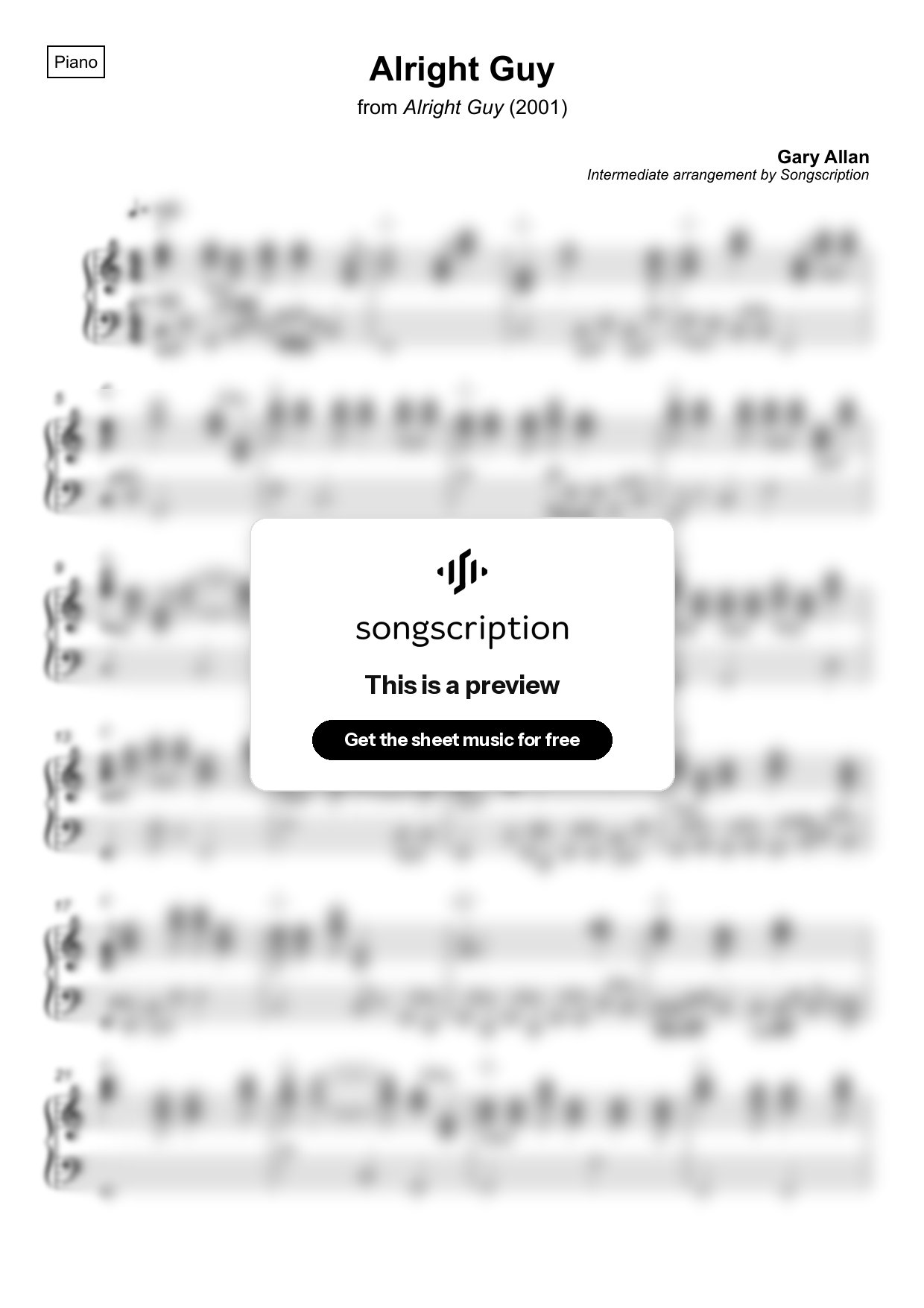 Intermediate Piano Sheet Music for "Alright Guy" by Gary Allan