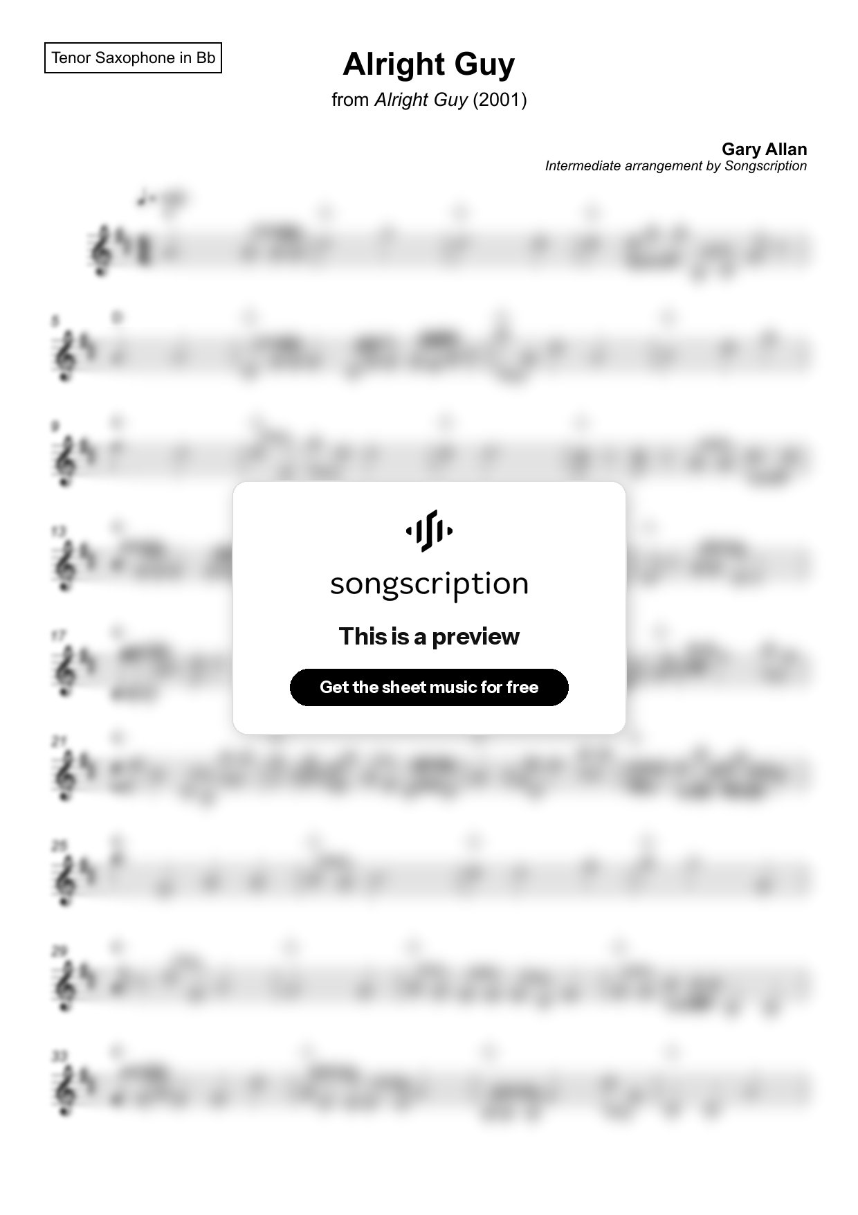 Intermediate Tenor Sax Sheet Music for "Alright Guy" by Gary Allan