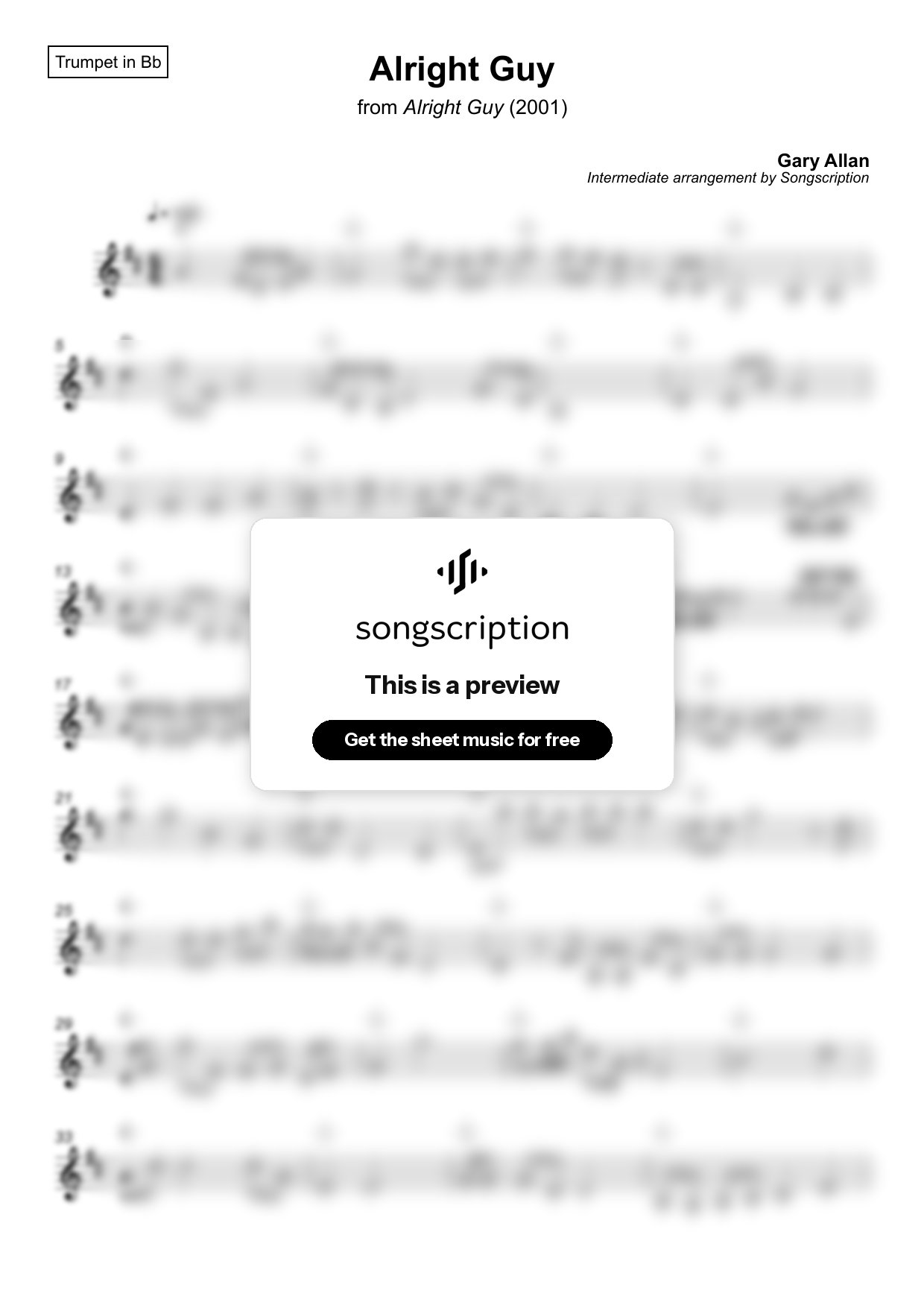 Intermediate Trumpet Sheet Music for "Alright Guy" by Gary Allan