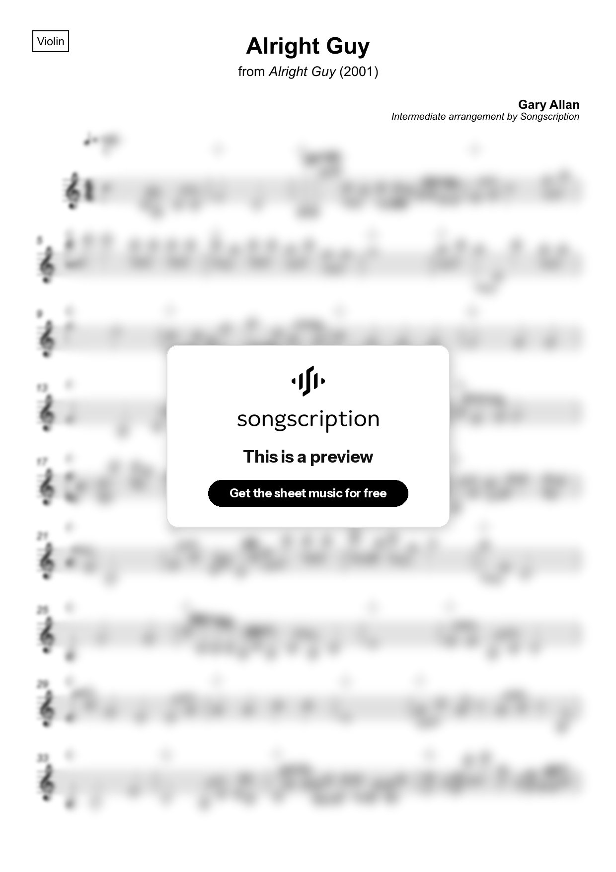 Intermediate Violin Sheet Music for "Alright Guy" by Gary Allan