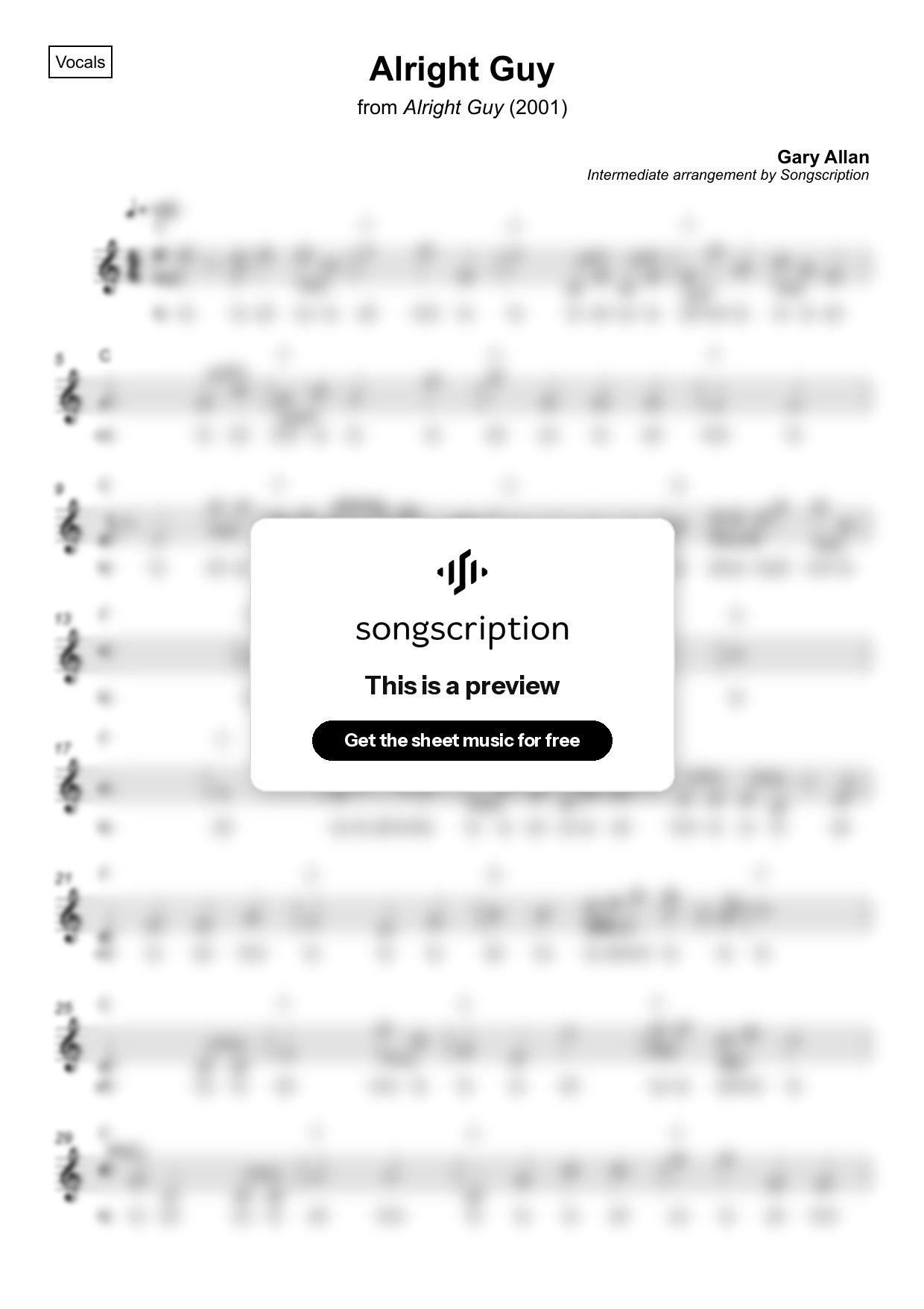 Intermediate Vocals Sheet Music for "Alright Guy" by Gary Allan