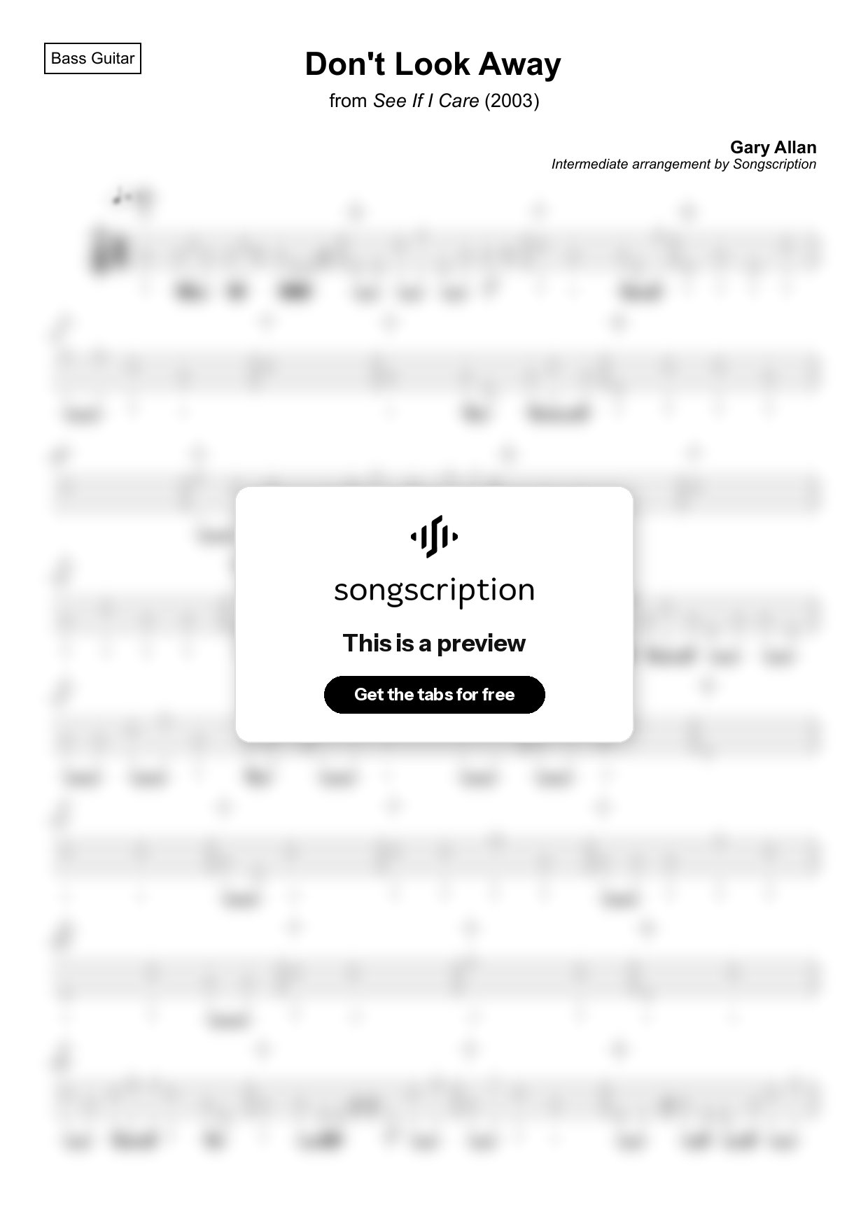Intermediate Bass Guitar Tabs for "Don't Look Away" by Gary Allan
