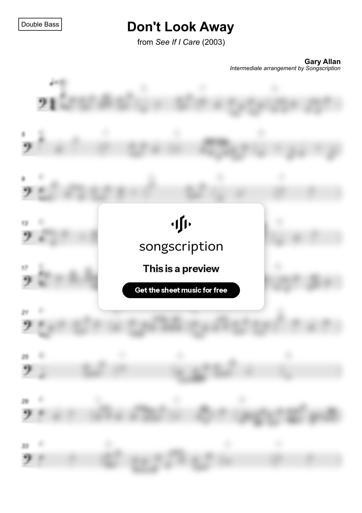 Intermediate Double Bass Sheet Music for "Don't Look Away" by Gary Allan