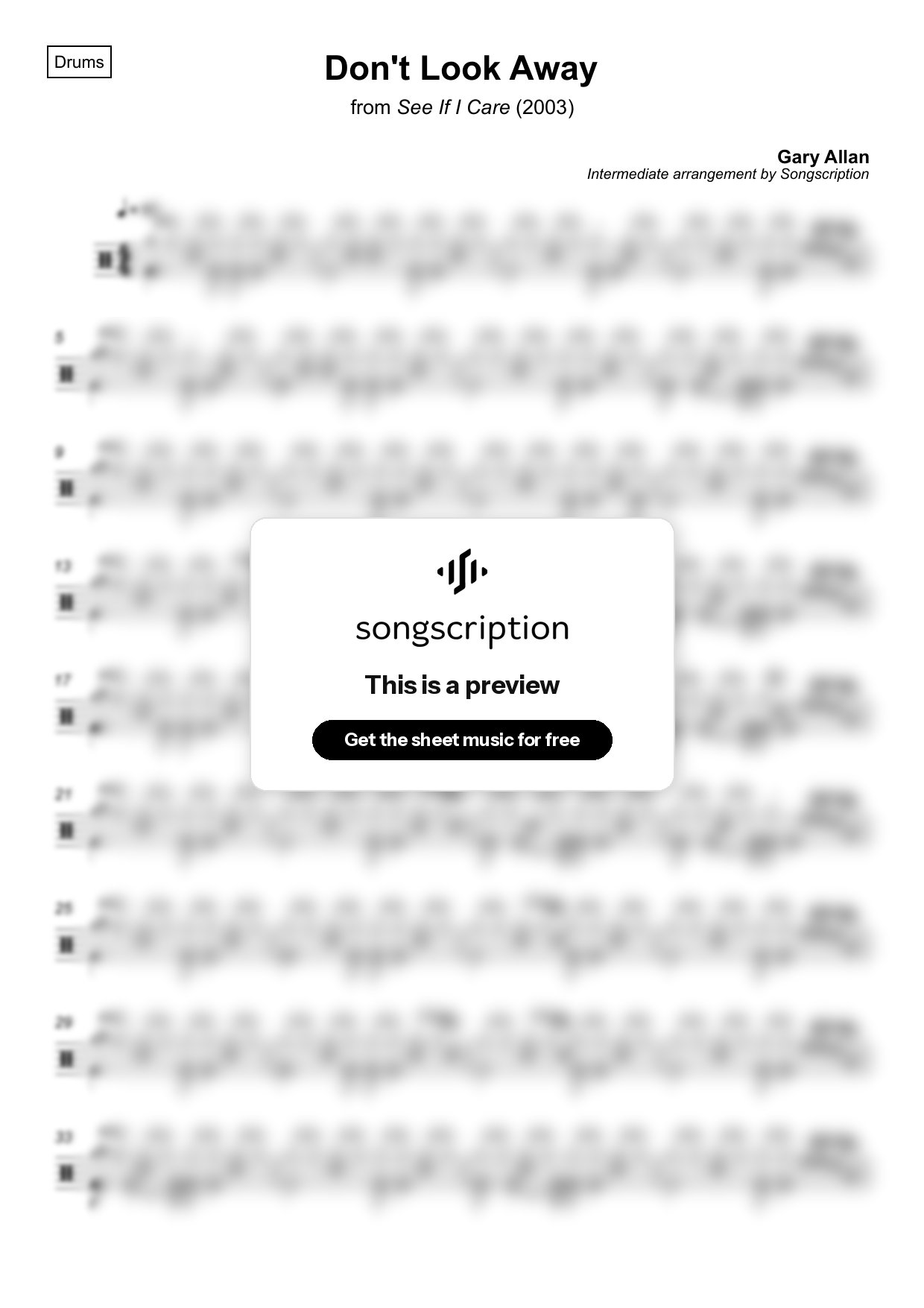 Intermediate Drums Sheet Music for "Don't Look Away" by Gary Allan