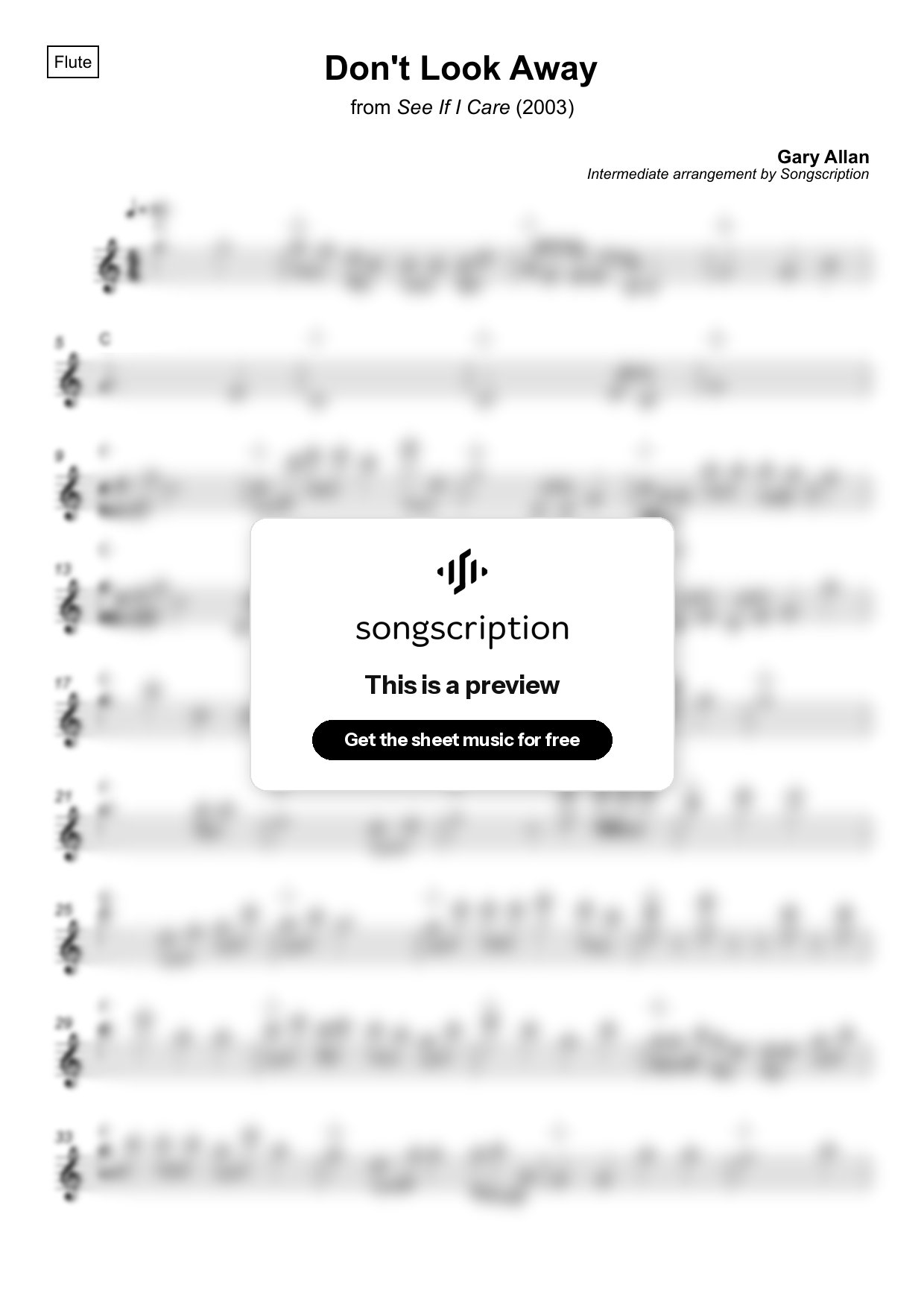 Intermediate Flute Sheet Music for "Don't Look Away" by Gary Allan