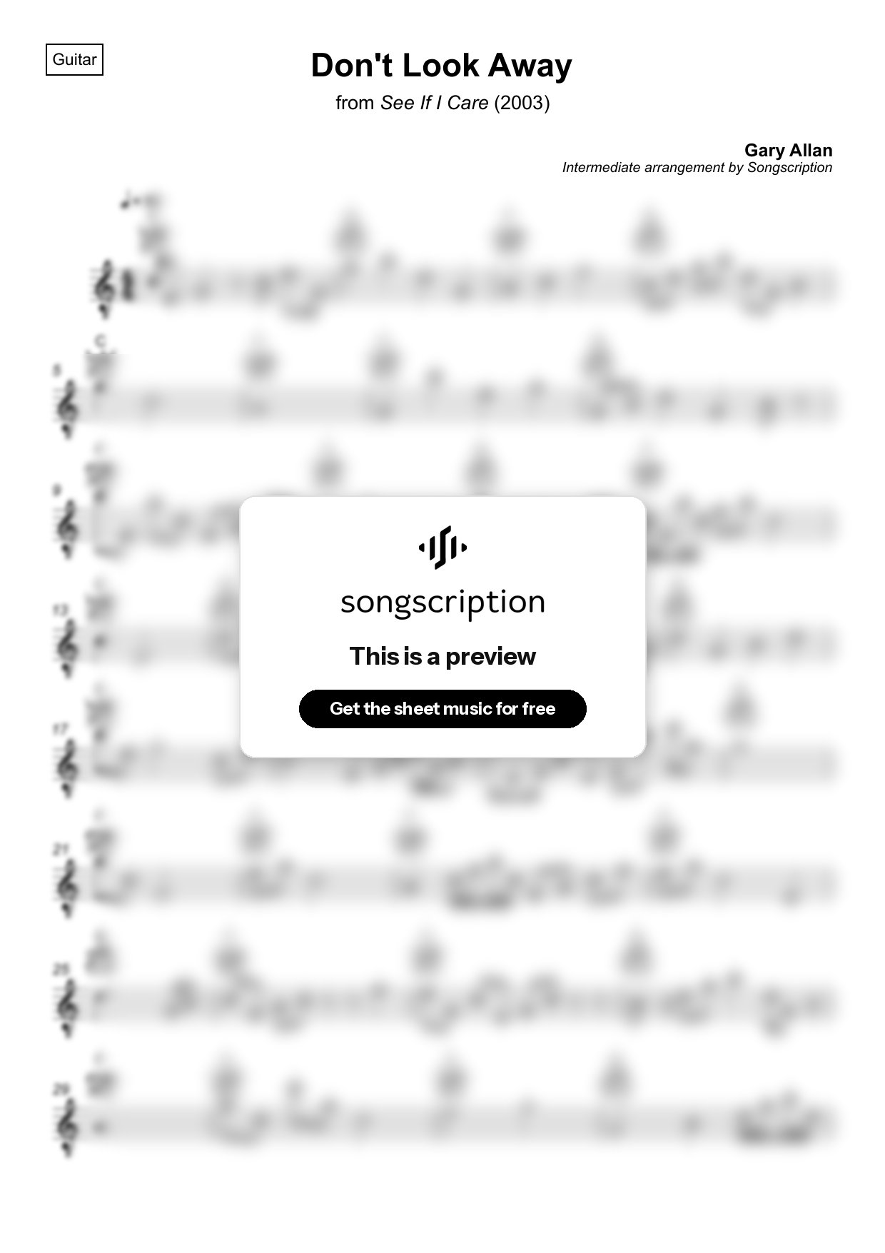 Intermediate Acoustic Guitar Sheet Music for "Don't Look Away" by Gary Allan