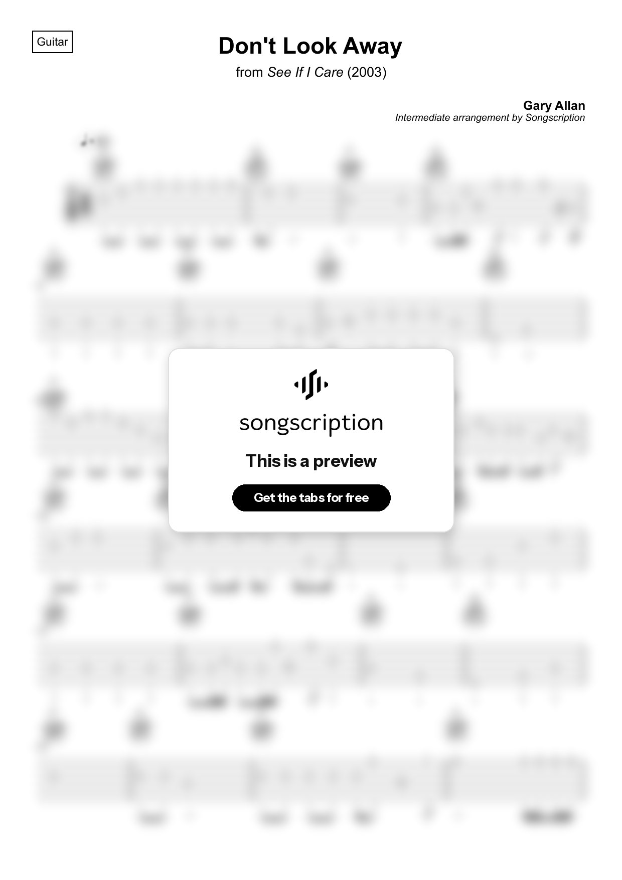Intermediate Acoustic Guitar Tabs for "Don't Look Away" by Gary Allan