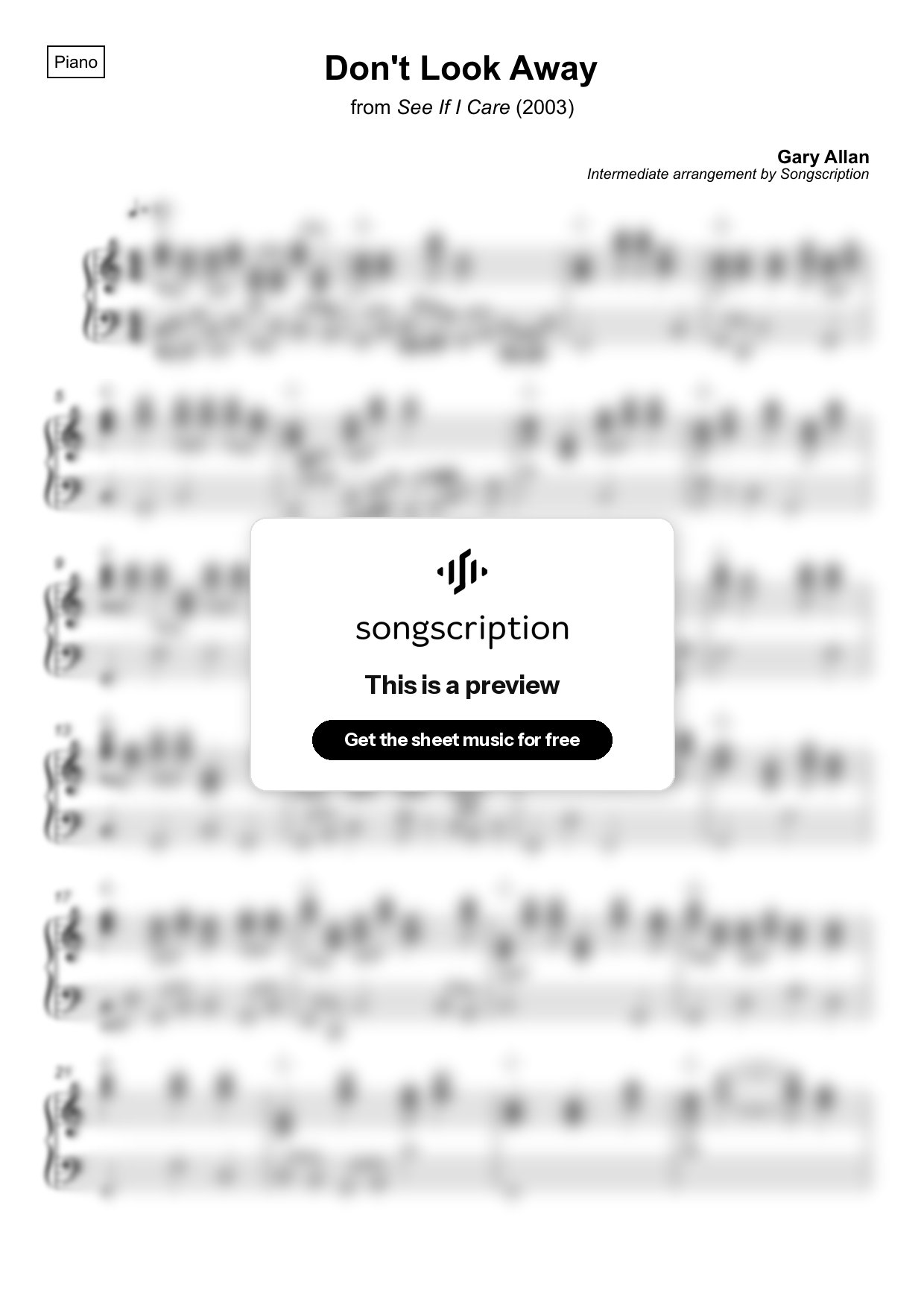Intermediate Piano Sheet Music for "Don't Look Away" by Gary Allan